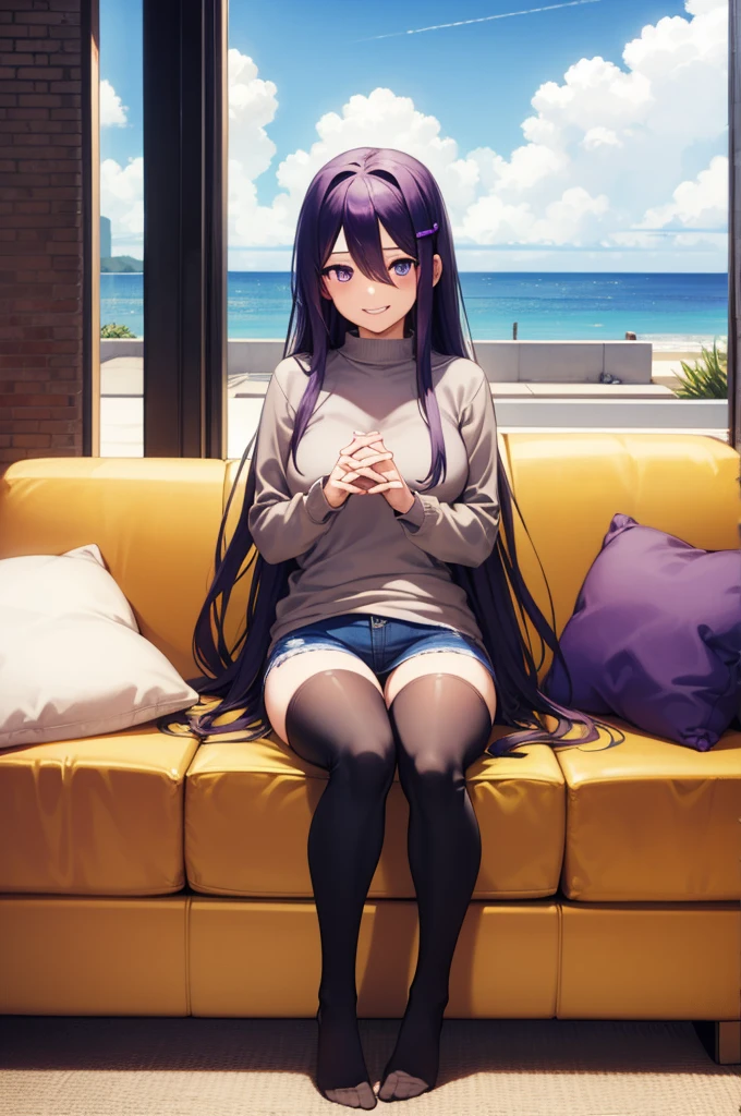 ((full body:1.4)), ddlcyuri, ddlcyuri, hair ornament, hairclip, long hair, (purple eyes:1.1), purple hair, grin, smile, hair over eyes, serious face, living room background, ((sitting on black sofa:1.4)),
casual clothes, grey sweater, ((short jeans:1.4)), black tank tshirt, ((black thighhighs:1.4)),
BREAK looking at viewer, BREAK indoors, classroom, BREAK (masterpiece:1.2), best quality, high resolution, unity 8k wallpaper, (illustration:0.8), (beautiful detailed eyes:1.6), extremely detailed face, perfect lighting, extremely detailed CG, (perfect hands, perfect anatomy), ((sky from bellow:1.4)),