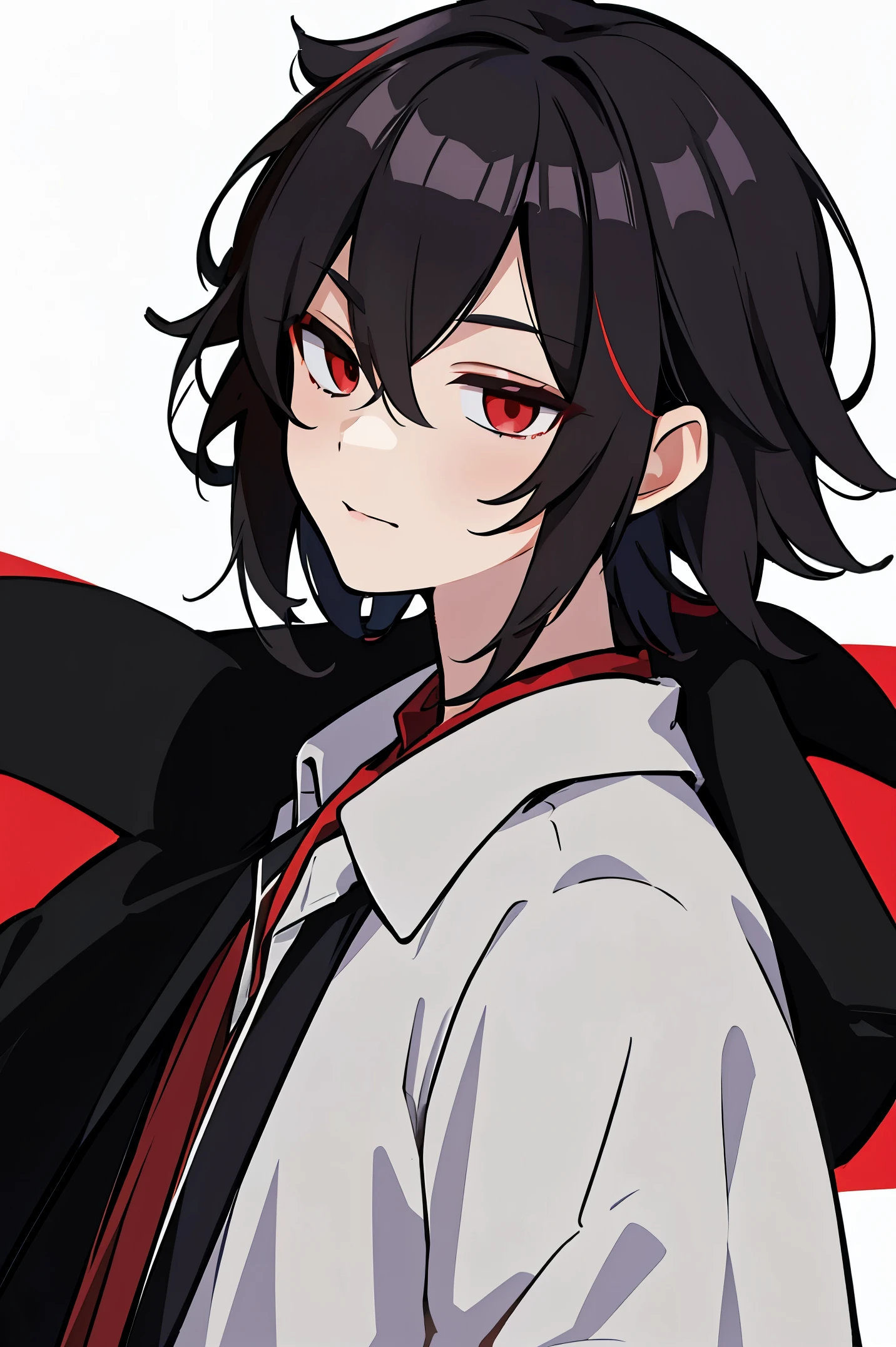 Cartoon cute boy, yandere male, Charming, Handsome，, red eye,fashion hair，short detailed hair，Playful expression，Side face avatar，Black color hair，red background horror