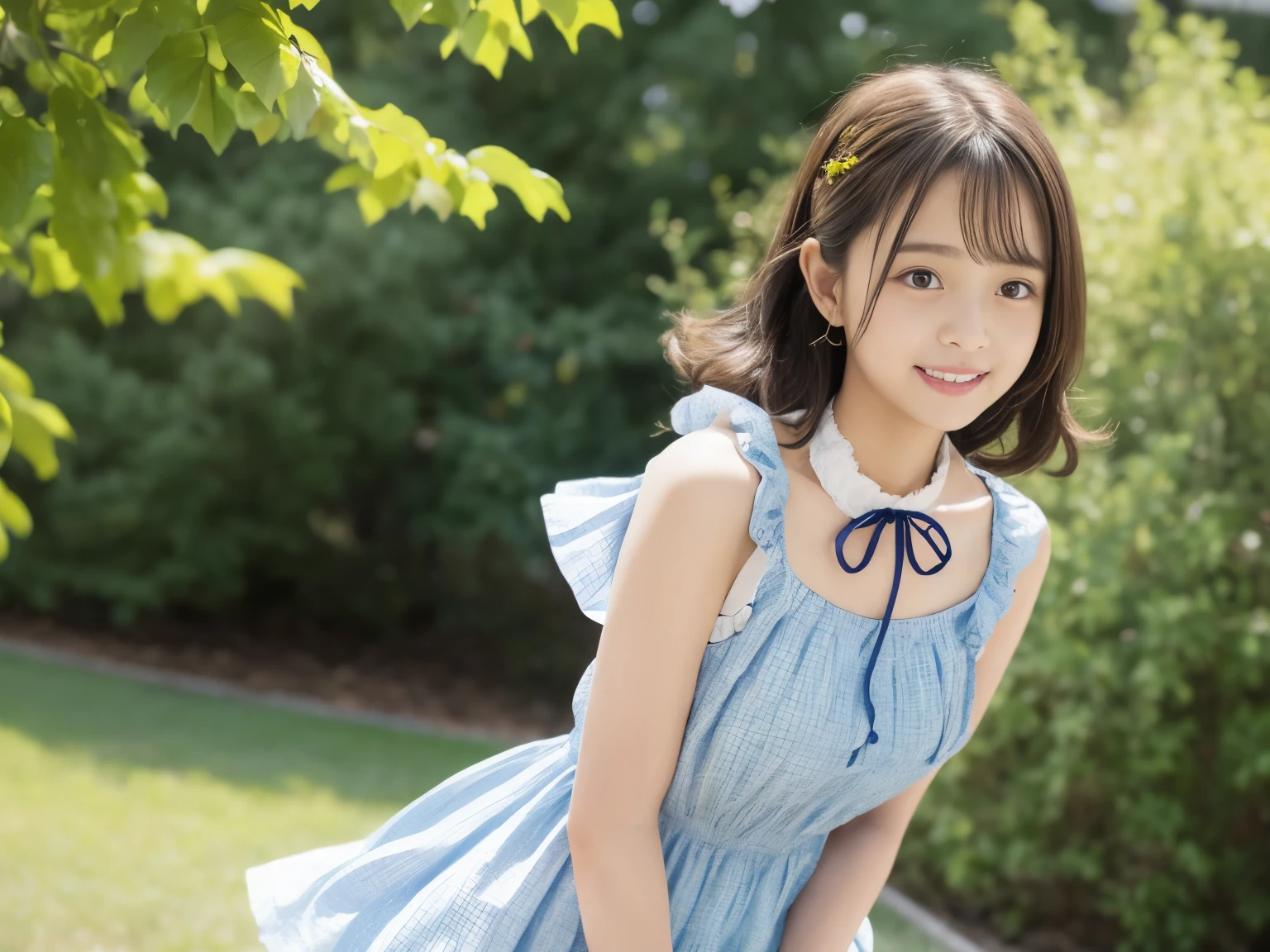 Adorable, 14years,  japanaese girl,  (Frilled summer dress fluttering in the wind :1.4),   Curly hair, hair scrunchie, Twin-tailed, (suggestive:1.2), (Smile:0.8),  natural make up,   (extremely detailed eye:1),   (Best Quality:1.0), (超A high resolution:1.0) ,(photographrealistic:1), (ultra-detailliert:1.0), (8k RAW photo:1.1),Looking at Viewer, , ( wind lift:1), Leaning forward