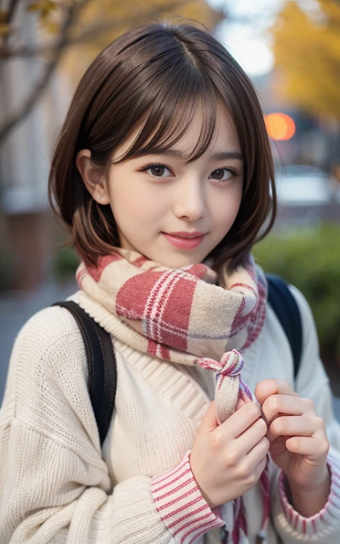 Cute 21 years old Japan、Christmas、dinner、mouth-watering、a smile、Super Detail Face、Eye of Detail、二重まぶた、beautiful thin nose、foco nítido:1.2、prety woman:1.4、(light brown hair,short cut hair, White skin、top-quality、发光、masterpiece、超A high resolution、(Photorealsitic:1.4)、cute fancy winter clothes、colorful muffler、