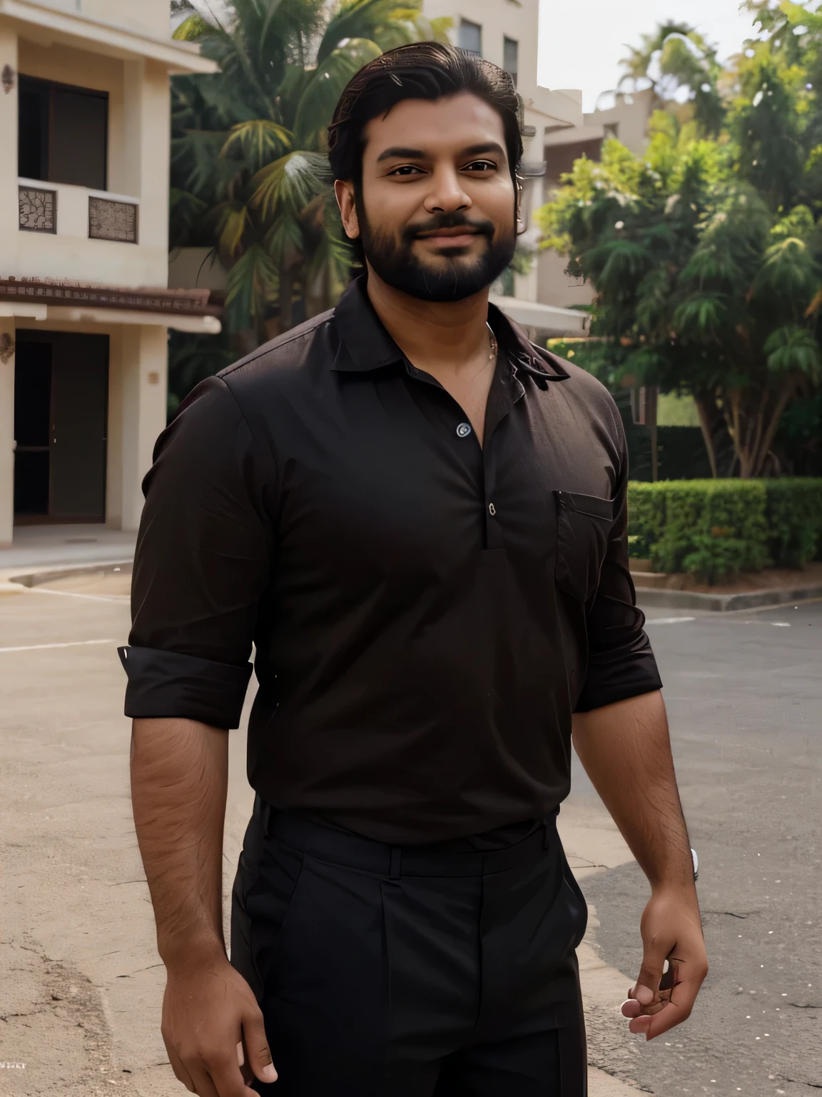 (hyper-realistic, low quality), (indian, man, medium build, fat, brown eyes, lean face),(light smile, stubble beard, black hair, swept back hair), fashionable shirt, black shirt, full sleeves, open collar, cotton trousers, candid photo, facing sideways, full body photograph, outdoors