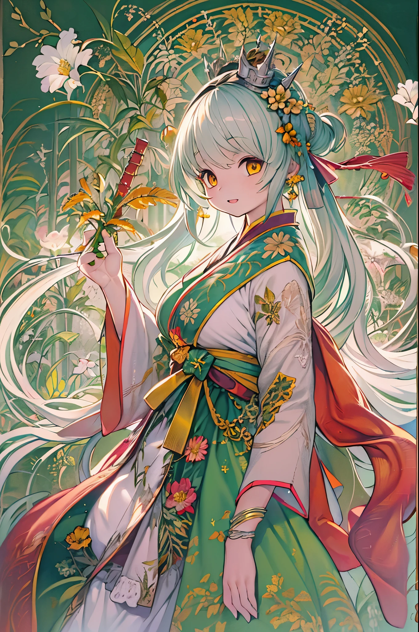 Best Quality, masutepiece, ultra-detailhigh-resolution, (Realistic: 1.4), Watercolor style, Illustration, Dazzling background color,, 1 girl with a weapon, (solo exhibition: 1.2), (デニムlens: 1.2), (Hair crown: 1.2), Traditional Chinese Dunhuang costume, no strap, (Red Eyeliner: 1.2), (: 1.4), earrings, Dynamic Angle, Opera House, Messy_long_hair, inky, movie lights, lens_f lare, velvet, chrysanthemums, tassels, bow ribbon, Color embroidery,