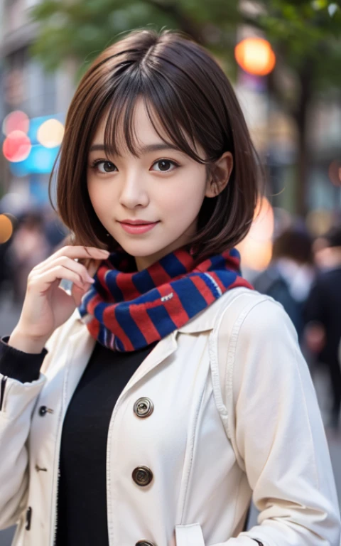 Cute 21 years old Japan、early evening、shopping、Super Detail Face、Eye of Detail、二重まぶた、beautiful thin nose、foco nítido:1.2、prety woman:1.4、(light brown hair,short cut hair, White skin、top-quality、发光、masterpiece、超A high resolution、(Photorealsitic:1.4)、cute fancy winter clothes、colorful muffler、The best smile、