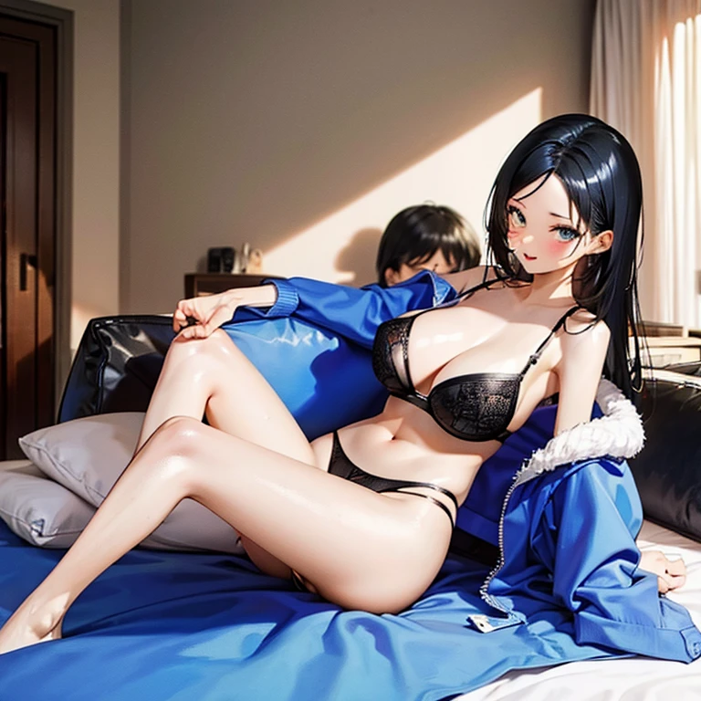 Black hair, sexy, large breasts, blue lingerie, blue underwear