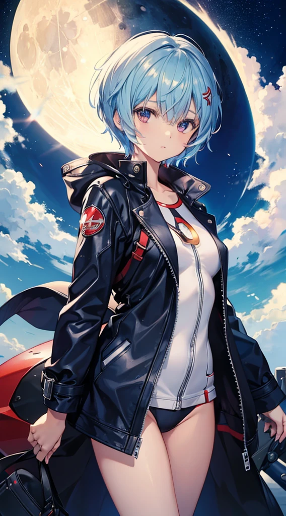 a pregirl,Lea Yabo,ayanami rei,blue short hair,Proud figure,One-piece leather coat。themoon,Upper body diagram,ultraclear,8k,high-quality picture