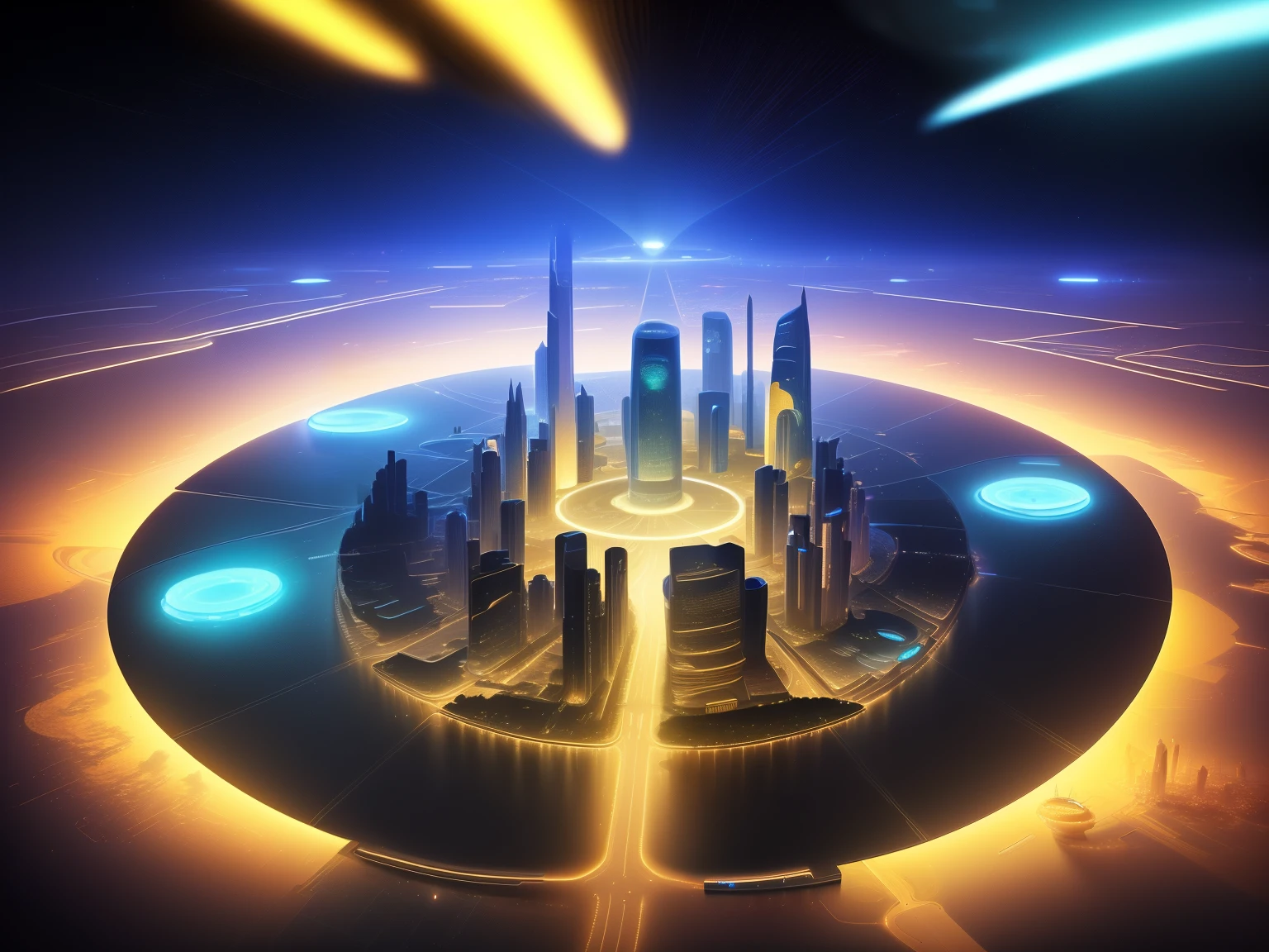 City night scene with circular structure in the middle, Spaceport of the future, photo of The city of the futurescape, Utopian cities of the future, in fantasy sci - fi city, futuristic alien city, The city of the futurescape, alien The city of the future, 美丽的The city of the future, otherwordly The city of the future, The city of the future scape, vista of The city of the future, The city of the future, spaceport city,A circular cyber city on the sea,A sense of future technology,center glowing,beautiful night,Neon light rendering