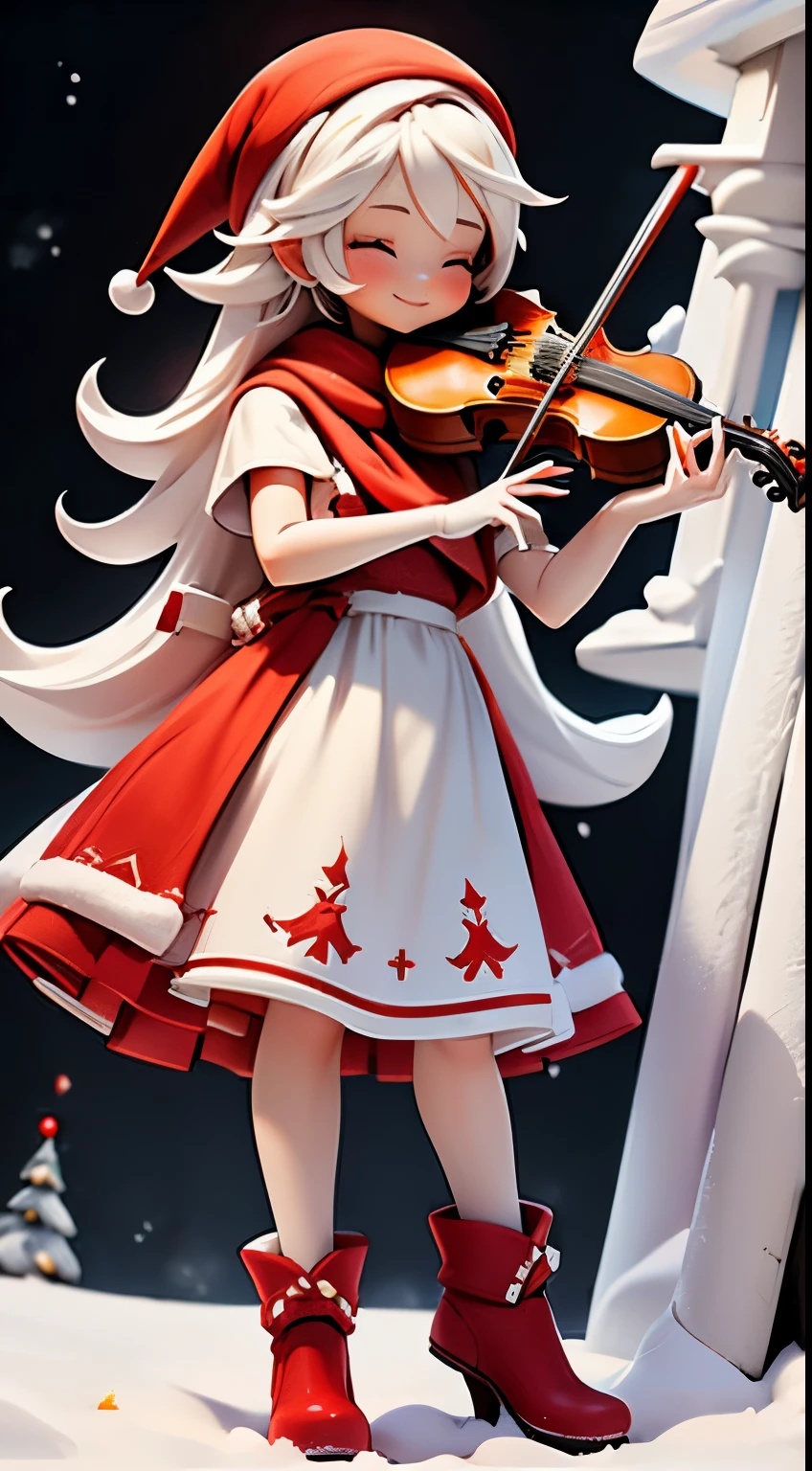 girl wearing christmass dress cotton, night background with snow, red scarfs, playing violin, smile, cute, slim, eyes closed, white long messy curly hair, red clous hat, red short dress, slim, angel wings, sexy, inside a cottage chillin, poser, comftly, long black and white stripe socks,