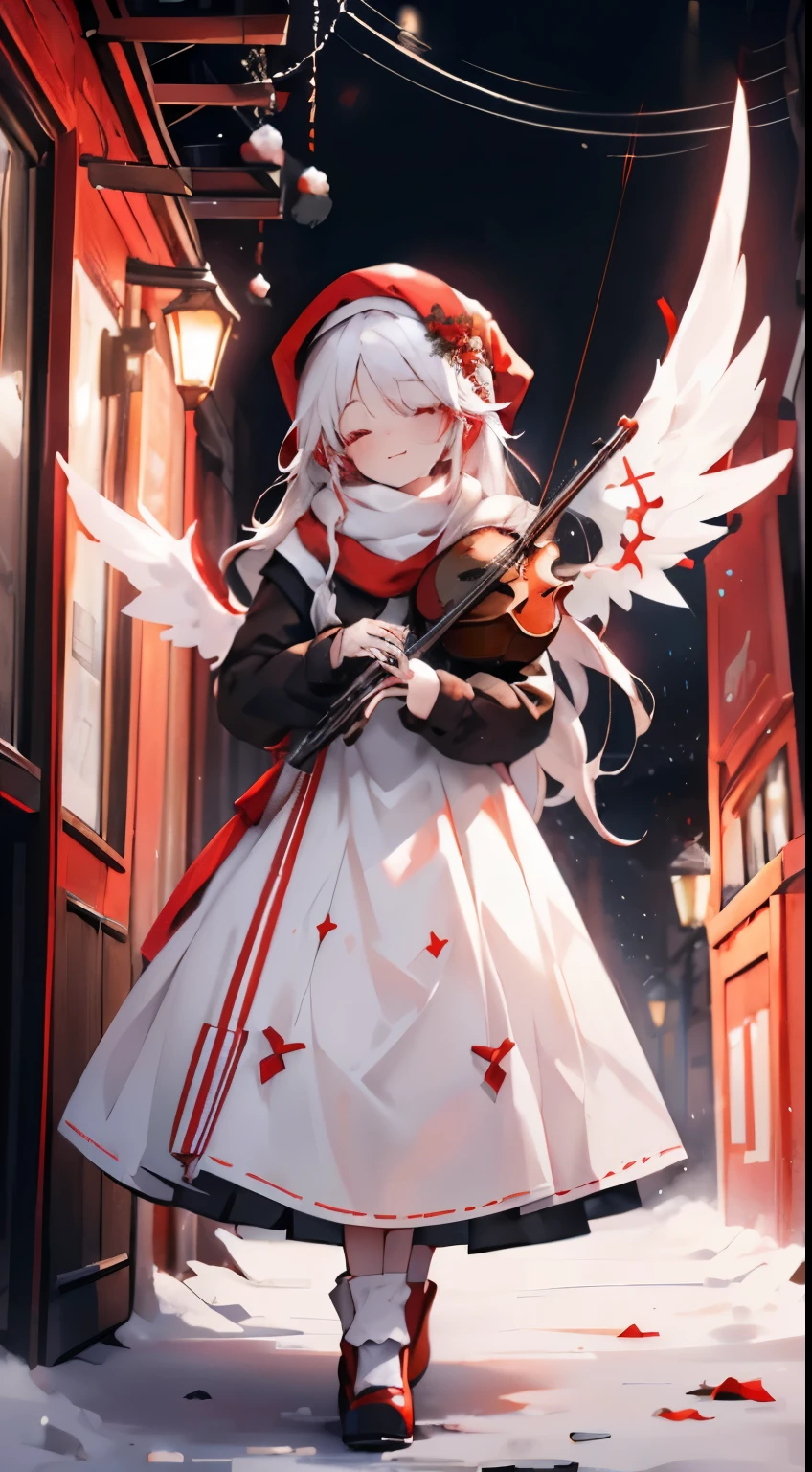 girl wearing christmass dress cotton, night background with snow, red scarfs, playing violin, smile, cute, slim, eyes closed, white long messy curly hair, red clous hat, red short dress, slim, angel wings, sexy, inside a cottage chillin, poser, comftly, long black and white stripe socks,