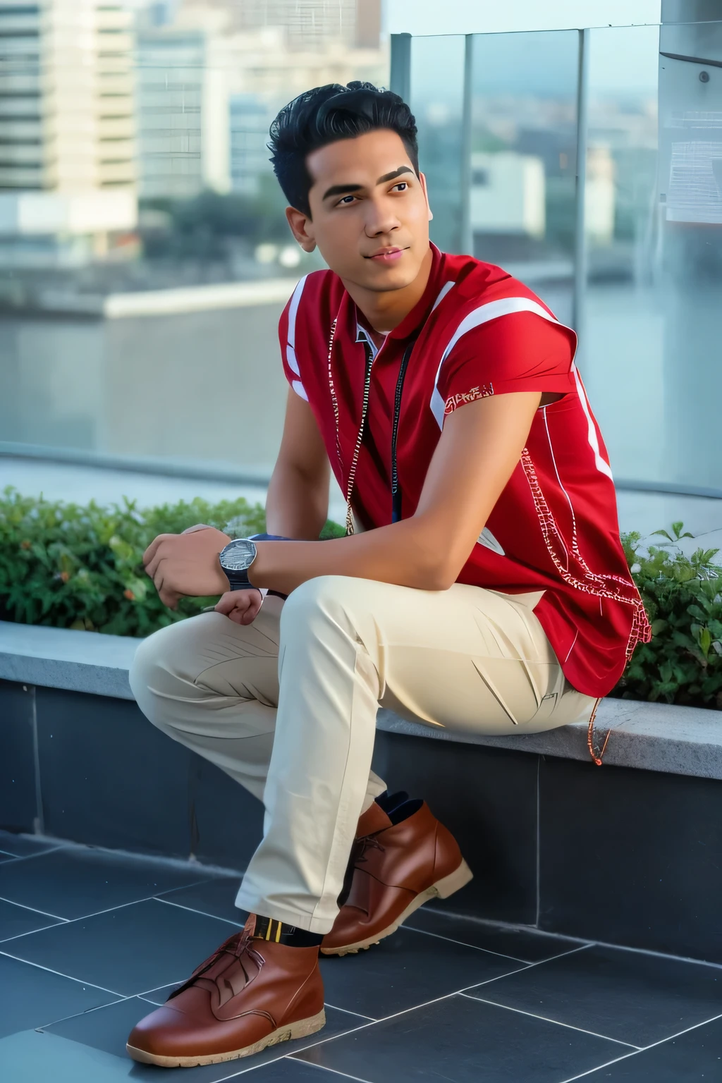 Araffi sits on a shelf with a watch and a red shirt.., full body portrait shot, casual photography, portrait shotกลางภาพ, Shot on Canon EOS R5, Shot with Canon EOS R 5, Casual posture, full body photogenic shot, portrait shot, Costume Photos, Full-body photos, full body image, Andres Rios, full body image