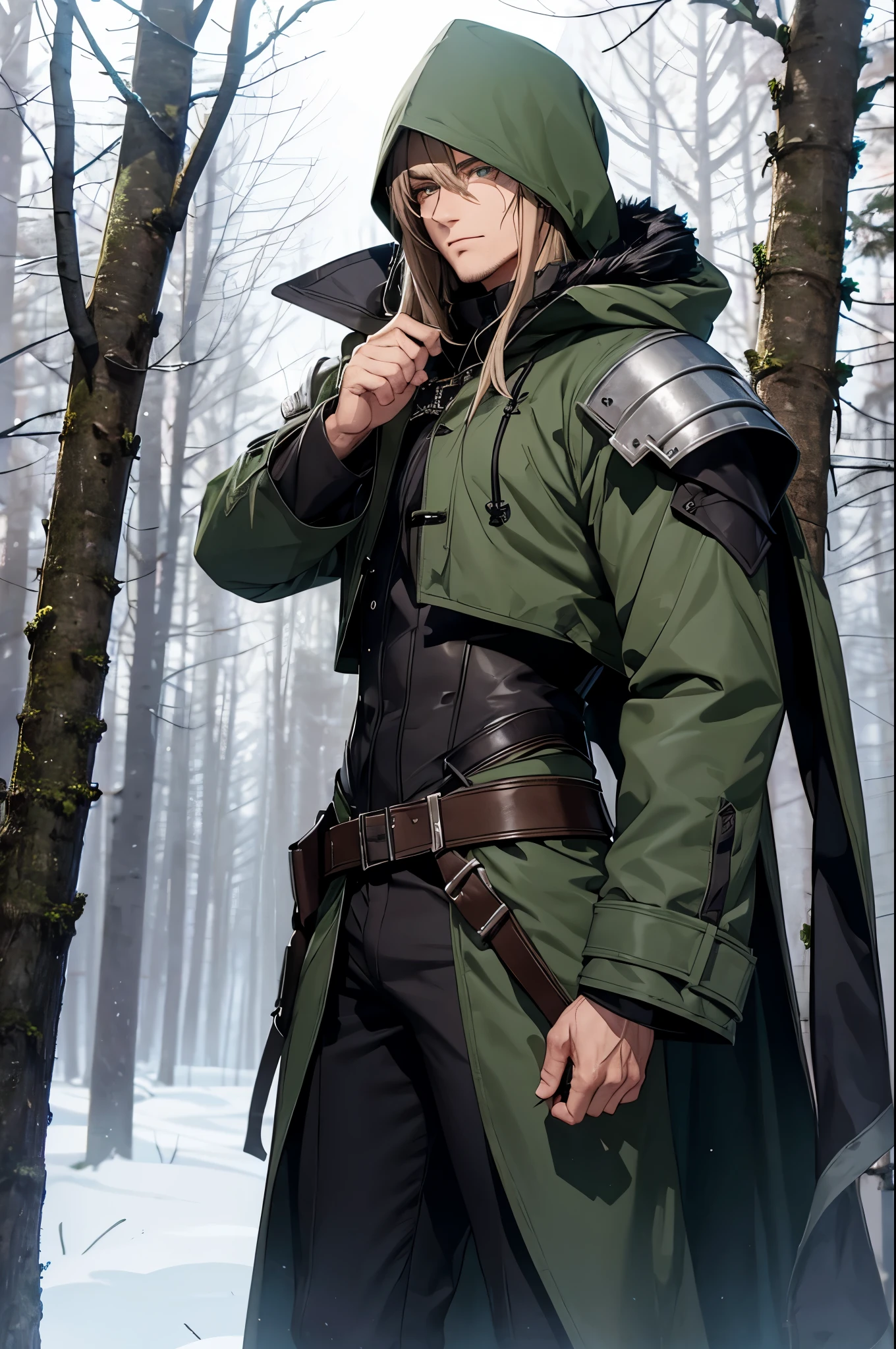 A man with a muscular build, he has long dark green hair. green eyes. Dressed in a gray jacket with metal armor and brown, Lockere Hose. There are metal berets on the legs. The man wears a blue cloak with a fur hood. Doesn't wear the hood. Ernster Gesichtsausdruck. male body, the face of a handsome man. Der Mann steht in einem verschneiten Wald.