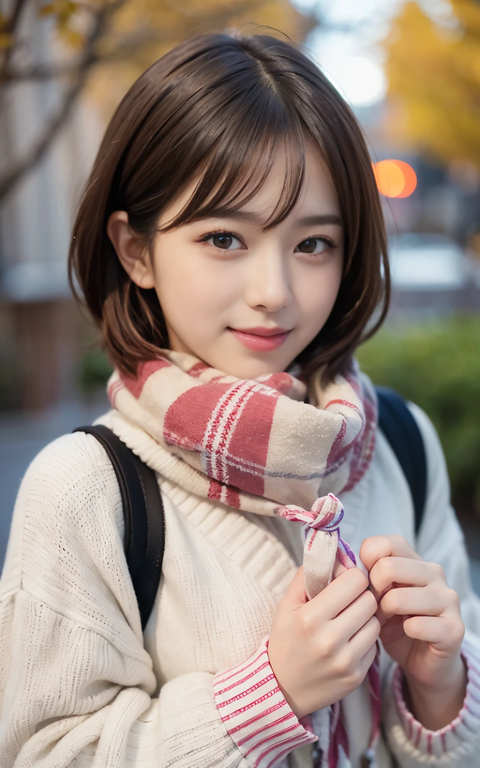 Cute 21 years old Japan、Christmas、dinner、mouth-watering、a smile、Super Detail Face、Eye of Detail、二重まぶた、beautiful thin nose、foco nítido:1.2、prety woman:1.4、(light brown hair,short cut hair, White skin、top-quality、发光、masterpiece、超A high resolution、(Photorealsitic:1.4)、cute fancy winter clothes、colorful muffler、