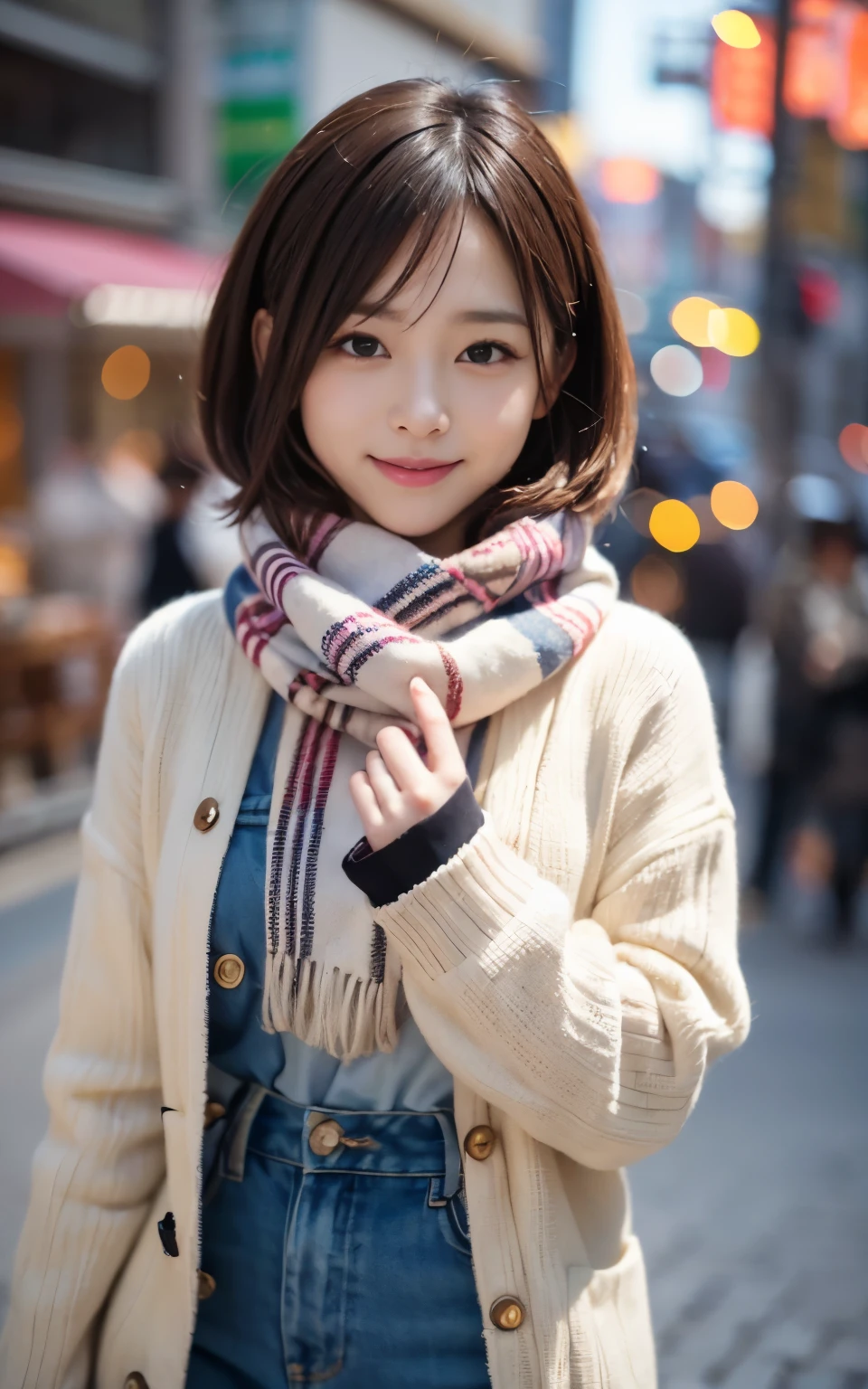 Cute 21 years old Japan、early evening、shopping、Super Detail Face、Eye of Detail、二重まぶた、beautiful thin nose、foco nítido:1.2、prety woman:1.4、(light brown hair,short cut hair, White skin、top-quality、发光、masterpiece、超A high resolution、(Photorealsitic:1.4)、cute fancy winter clothes、colorful muffler、The best smile、