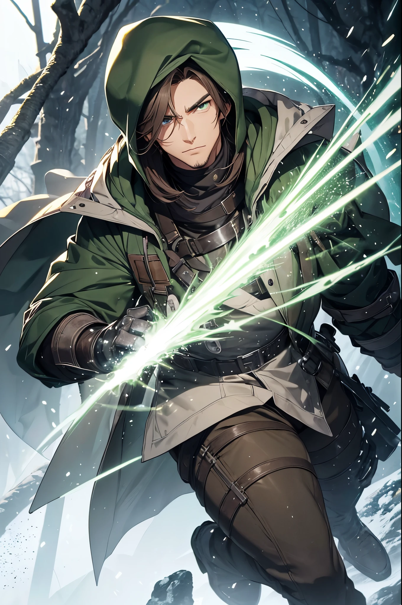 A man with a muscular build, he has long dark green hair. green eyes. Dressed in a gray jacket with metal armor and brown, Lockere Hose. There are metal berets on the legs. The man wears a blue cloak with a fur hood. Doesn't wear the hood. Ernster Gesichtsausdruck. male body, the face of a handsome man. Der Mann steht in einem verschneiten Wald.