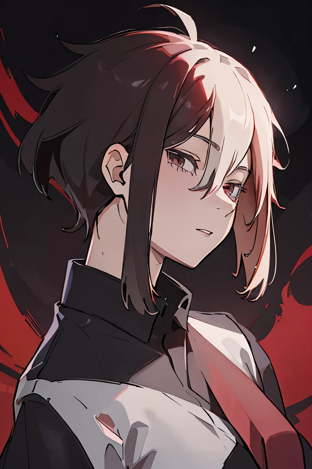 Cartoon cute boy, yandere male, Charming, Handsome，, red eye,fashion hair，short detailed hair，Playful expression，Side face avatar，Black color hair，red background horror