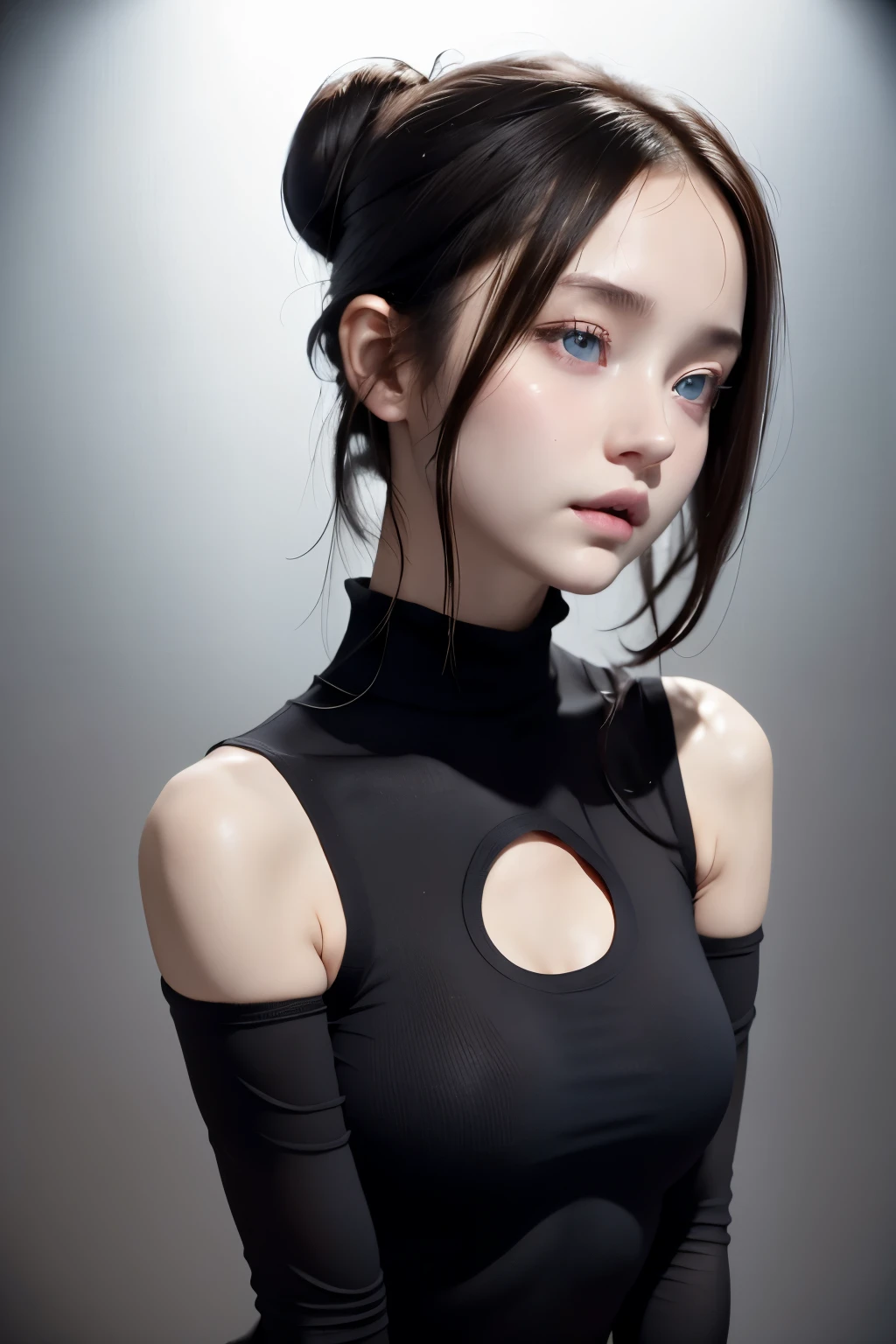 Skin Tight Black Top:1.2, Looking at Viewer, Cinematic lighting, Perfect, softlight, High resolution skin:1.2, Realistic skin texture, 14years、a small face、no-makeup、, off shoulders,Bust B Cup、Small cleavage, Blue eyes, Bun hair, dark brown  hair、Bold poses、Geometric pattern background