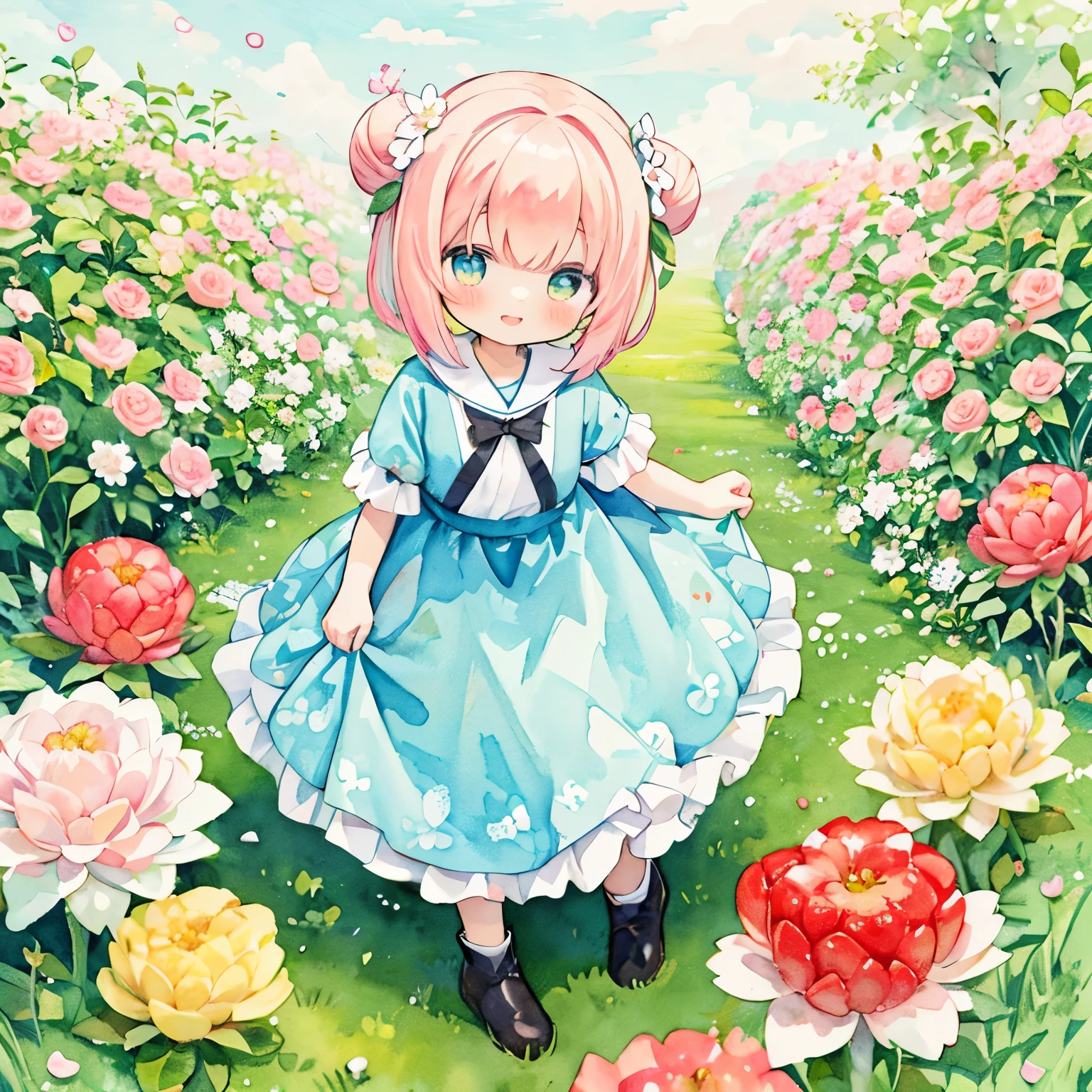 (PastelColors:1.3)、(Cute illustration:1.3)、(watercolor paiting:1.1), Girl with peach-colored hair,improve,ultra wide-angle  ,Detailed background、Healing smile、The best smile、innocent、childish、Beautifully detailed、Moya、colourfull、marble、Particles of light、Pattern ROM side、Sunnyday、春のIchigo、Ichigo、strawberry flowers、white small cute flowers、white petals fall、Beautiful scenery、lawn、lawnの上に座る、spring news、idyllic、Ichigoモチーフ、short-hair、Head bun、Ichigoの髪飾り、Ichigoの妖精、たくさんのIchigo