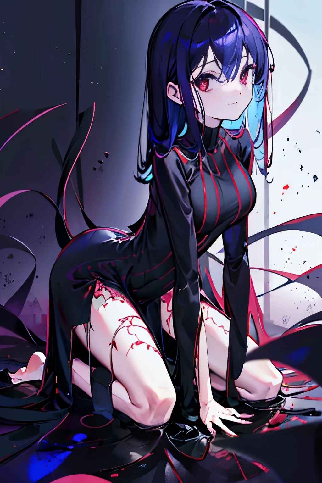 Black full body suit Red lines all over the body 3 girl seductiv a smile succubus