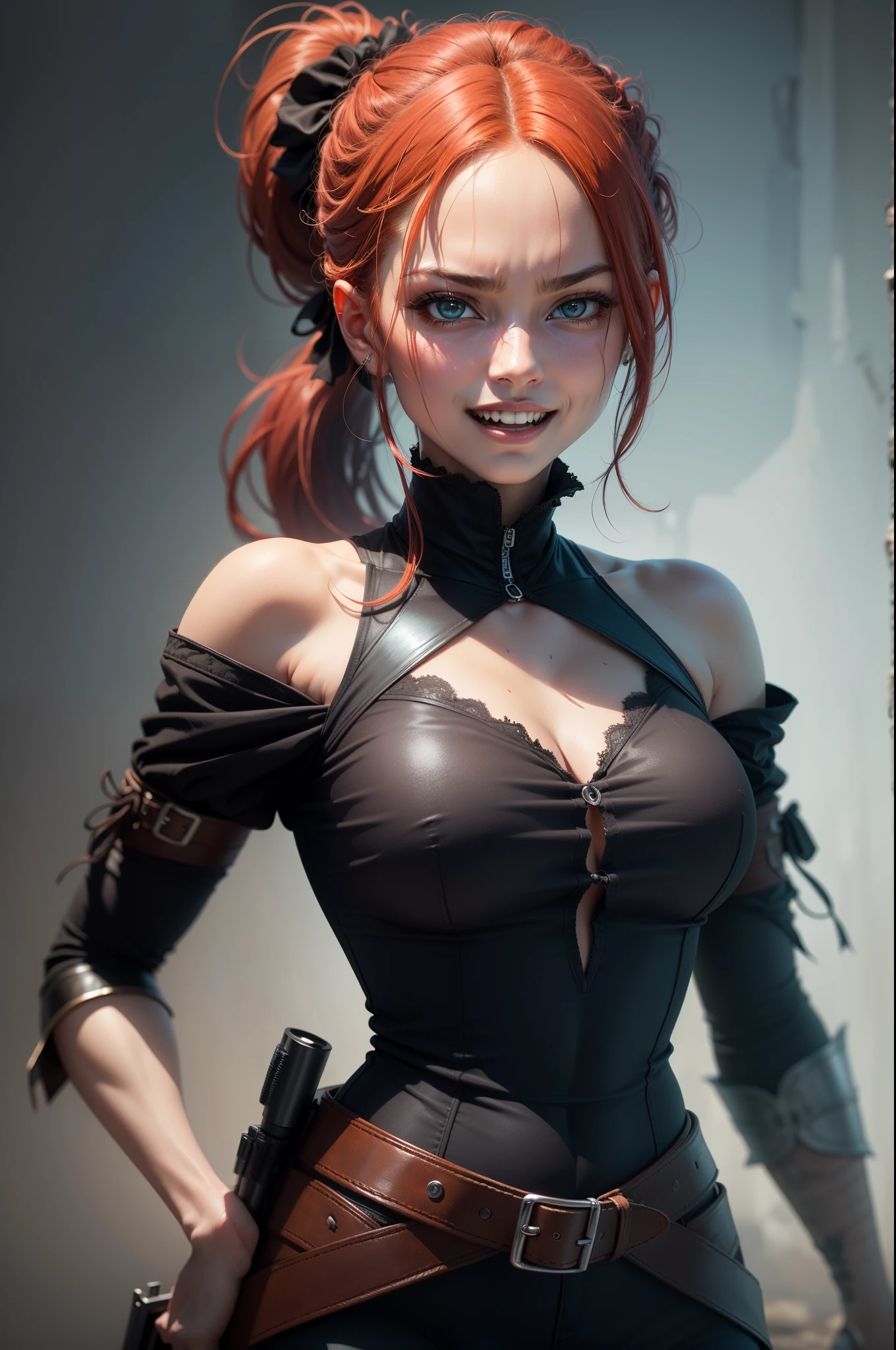 red haired pretty woman, gun assassin, mercenary, evil laugh, evil, psychopath, crazy, wide eyes, short and low ponytail, two heavy scars across right eye (starting from top of eye), white eyes, black cloth top, portrait, medieval times, drop shadow, wide shot, high detail, anatomically correct, masterpiece, highres, high quality, high details, 8k, retina,