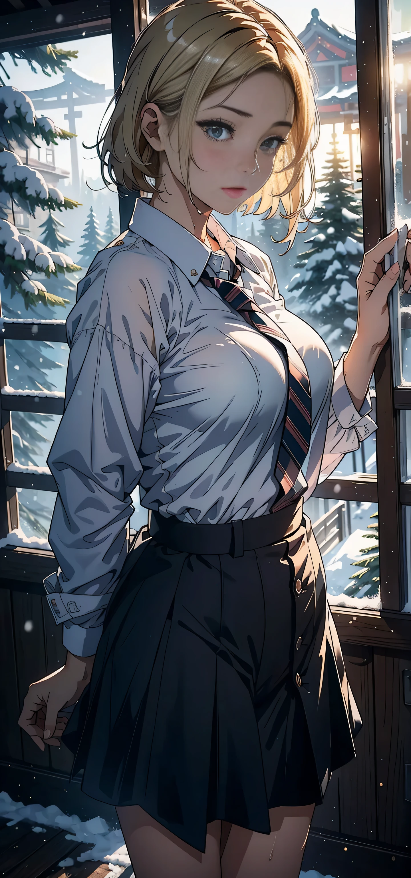 1female,45 yers old,Large breasts,nakeness,with no underpants, 独奏,(Background with:coniferous forest,at winter season,Snow on the ground) She has short blonde hair, standing on your feet,Sweat profusely,drenched all over the body,From the front side, curlies, mostly cloudy sky,(((tmasterpiece),(Very detailed CG unity 8K wallpaper),best qualtiy,cinmatic lighting,detailed back ground,beatiful detailed eyes,Bright pupils,(Very fine and beautiful),(Beautiful and detailed eye description),ultra - detailed,tmasterpiece,)),facing at camera,A high resolution,ultra - detailed),JK school uniform,blackstockings,Pussy bulge,Camel toes
