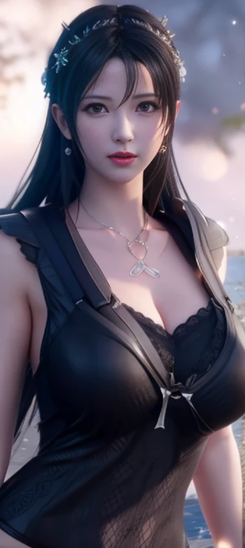 a close up of a woman in a naked near a body of water, trending on cgstation, seductive tifa lockhart portrait, beautiful alluring anime woman, tifa lockhart, tifa lockhart with black hair, cleavage, 8k high quality detailed art, tifa lockheart, glamorous tifa lockheart, tifa, 8k artgerm bokeh,no bra