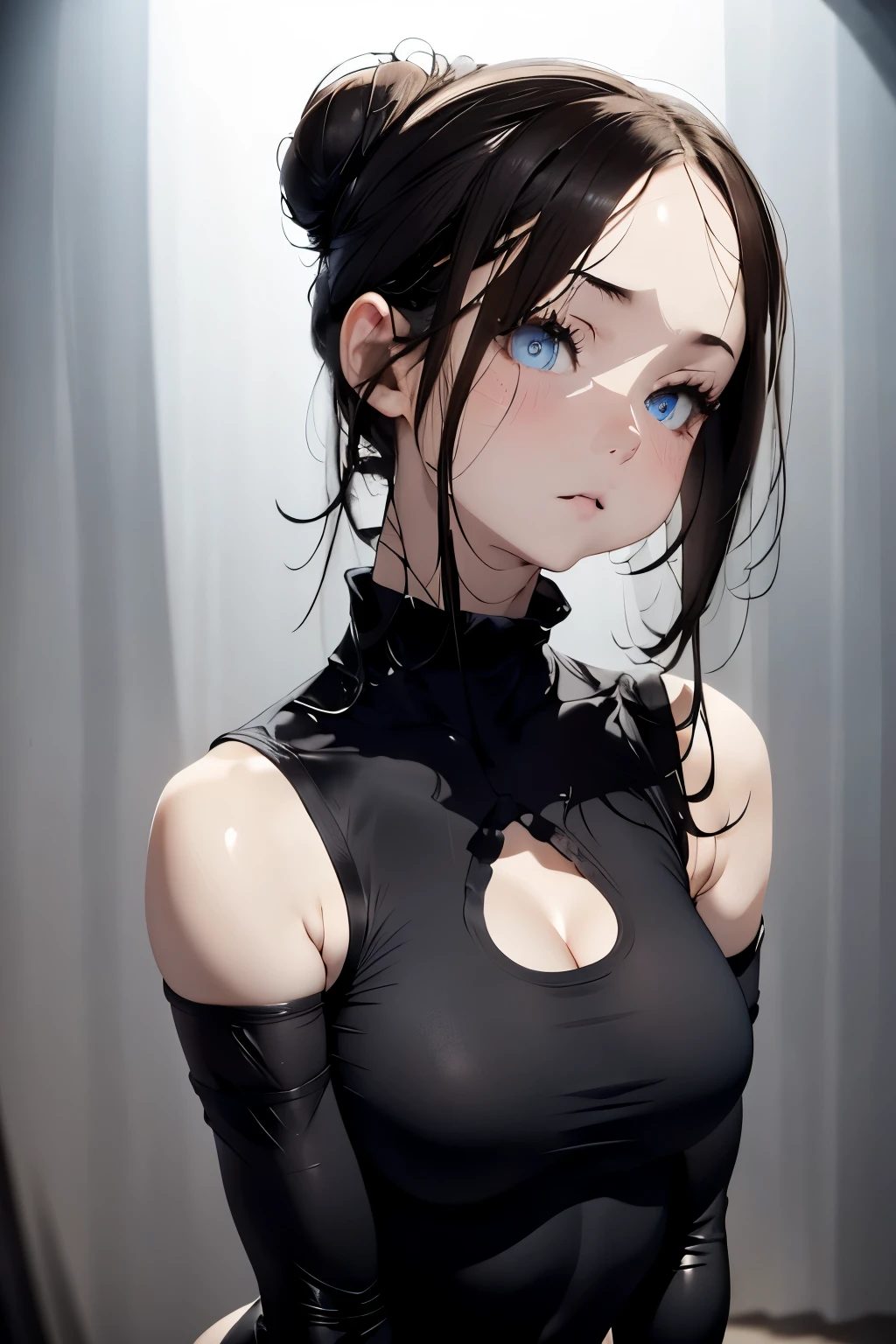 Skin Tight Black Top:1.2, Looking at Viewer, Cinematic lighting, Perfect, softlight, High resolution skin:1.2, Realistic skin texture, years、a small face、no-makeup、, off shoulders,Bust B Cup、Small cleavage, Blue eyes, Bun hair, dark brown hair、Bold poses、Geometric pattern background