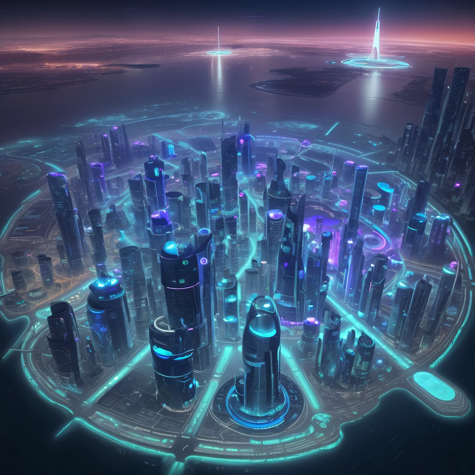 City night scene with circular structure in the middle, Spaceport of the future, photo of The city of the futurescape, Utopian cities of the future, in fantasy sci - fi city, futuristic alien city, The city of the futurescape, alien The city of the future, 美丽的The city of the future, otherwordly The city of the future, The city of the future scape, vista of The city of the future, The city of the future, spaceport city,A circular cyber city on the sea,A sense of future technology,center glowing,beautiful night,Neon light rendering