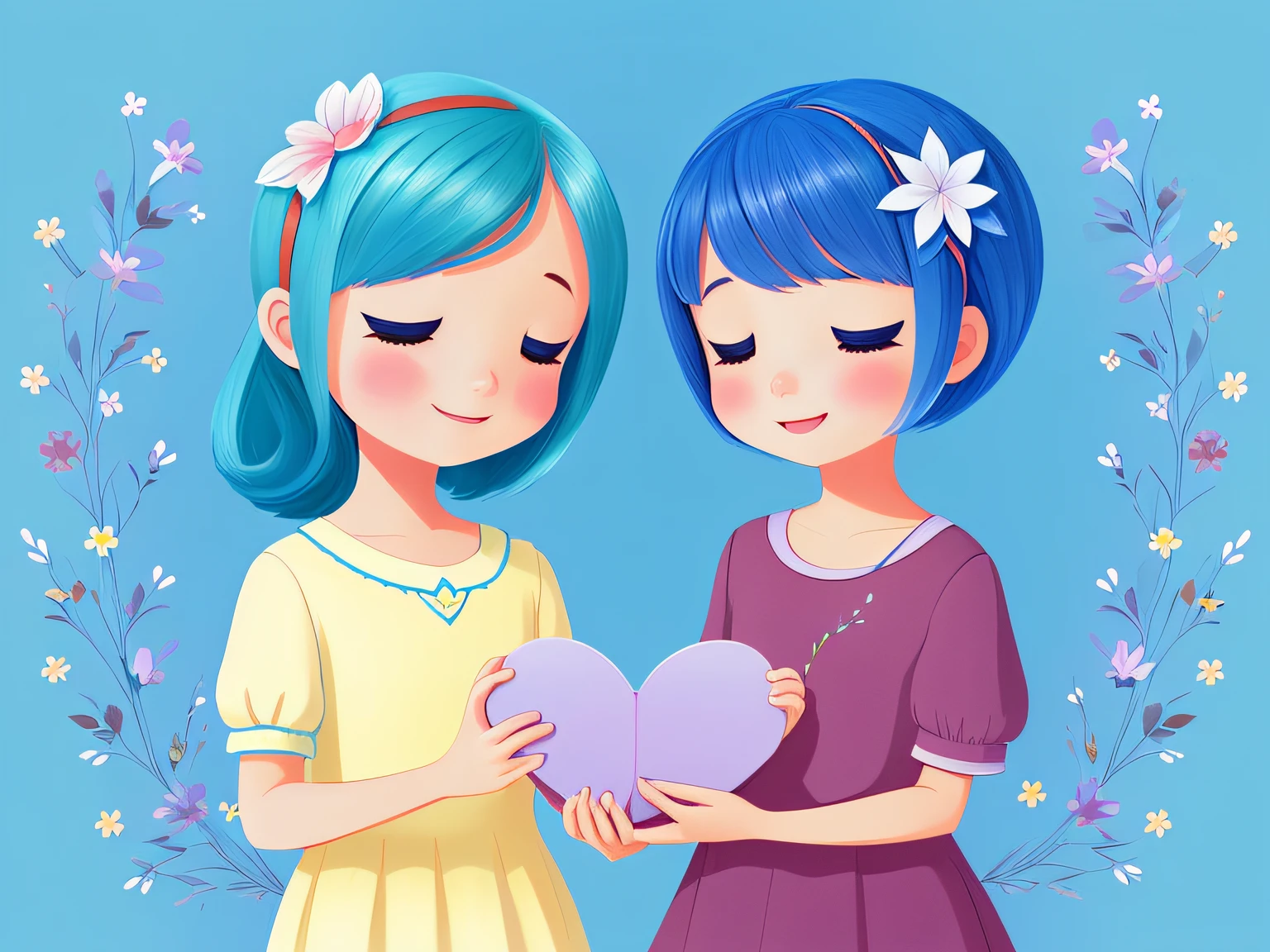 very cute illustration for a children's picture book,Dreamy explained, "The 'Friendship Flower' brings hearts closer together.",blue hair, Digital Painting, by Pixar style
