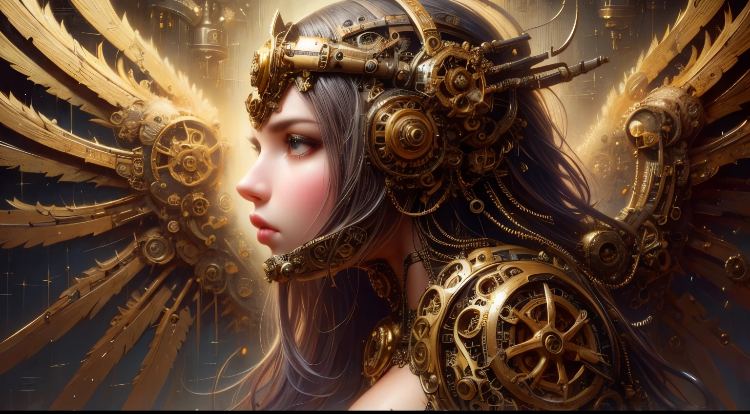 1girl,steampunk,gear,full body,lesbian,standing on your feet,(best quality,4k,highres,masterpiece:1.2),ultra-detailed,(realistic:1.37),HDR,UHD,steel materials,gears rotating,mechanical parts,engraved patterns,brass accents,elaborate costume,corset and bustle skirt,vivid colors,industrial setting,soft glowing lights.