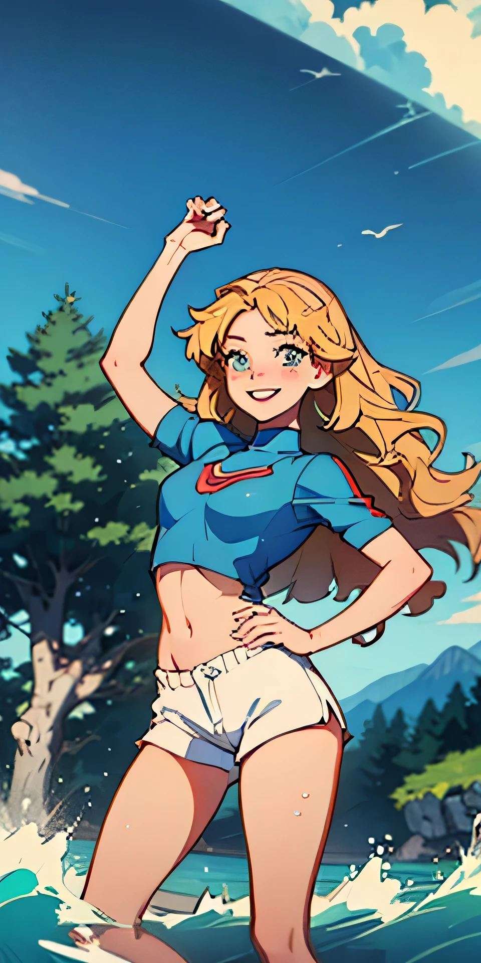 (best quality, masterpiece), 1girl, paw pose, smile, laughing, ocean, crop top, shorts, (blonde), freckles, blush, looking at viewer, wavy hair, cloud, splashing, waves, sun, mountain, wet, 1girl in, (masterpiece), (best quality), ultra-detailed, beautiful body, (inocent), beautiful nose, (beautiful breast), beautiful legs,