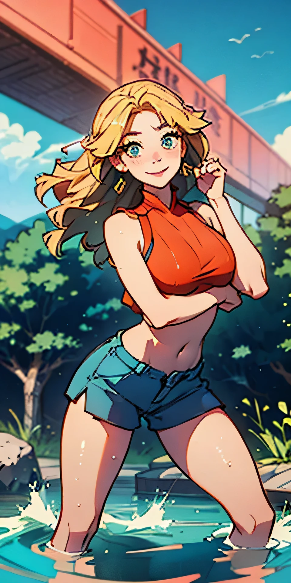 (best quality, masterpiece), 1girl, paw pose, smile, laughing, ocean, crop top, shorts, (blonde), freckles, blush, looking at viewer, wavy hair, cloud, splashing, waves, sun, mountain, wet, 1girl in, (masterpiece), (best quality), ultra-detailed, beautiful body, (inocent), beautiful nose, (beautiful breast), beautiful legs,