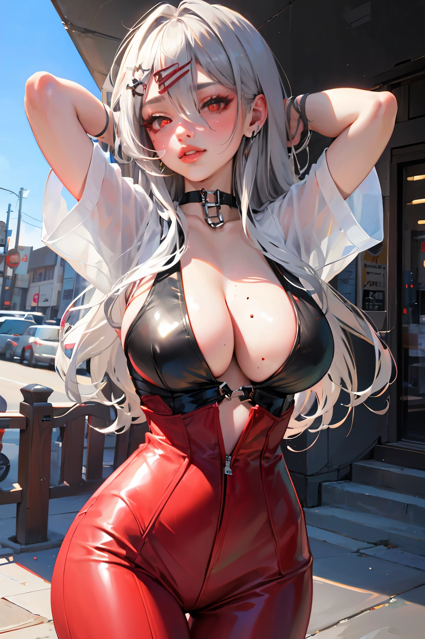 (Best Quality, 8K, Masterpiece :1.3)),(best quality)), ((highly detailed)), mature, (detailed eyes, deep eyes), long hair, big breast, (1girl), mole, mole under eyes, latex, (red eyes),((hairclips)), x ornament, ((white hair))), x ornament,,bangs, gyaru, b ((Top Quality, Masterpiece: 1.3)), Beautiful Woman with Perfect Figure: 1.1, Glamorous Figure, Overflowing Breasts, Tightly Squeezed Waist,epic realistic,blush, cleavage,glowing aura, natural light, masterpiece, glossy skin, juicy lips ,long hair, cute, kawaii, adorable,white hair, red eyes, smirk, cleavage,juicy lips, bimbo, hour glass, full body,  long hair, seductive, freckles, outside, hands behind head, smirk, latex clothing