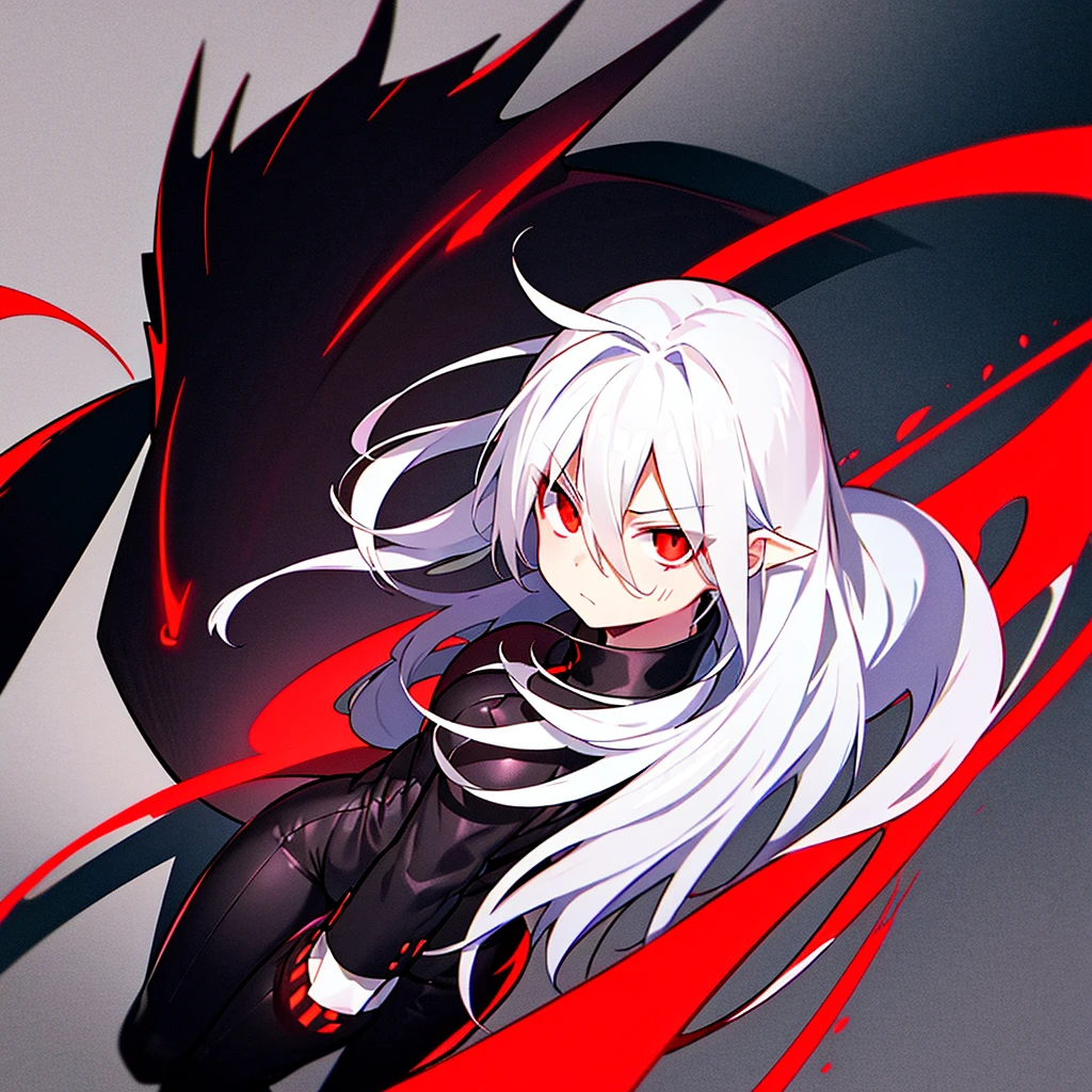 hight resolution,Anime boy with white hair and red eyes staring at camera, Glowing red eyes,slim, dressed in a black outfit,Shadow Body,de pele branca,monochromes,hair messy,Straight face,Diagonal angle