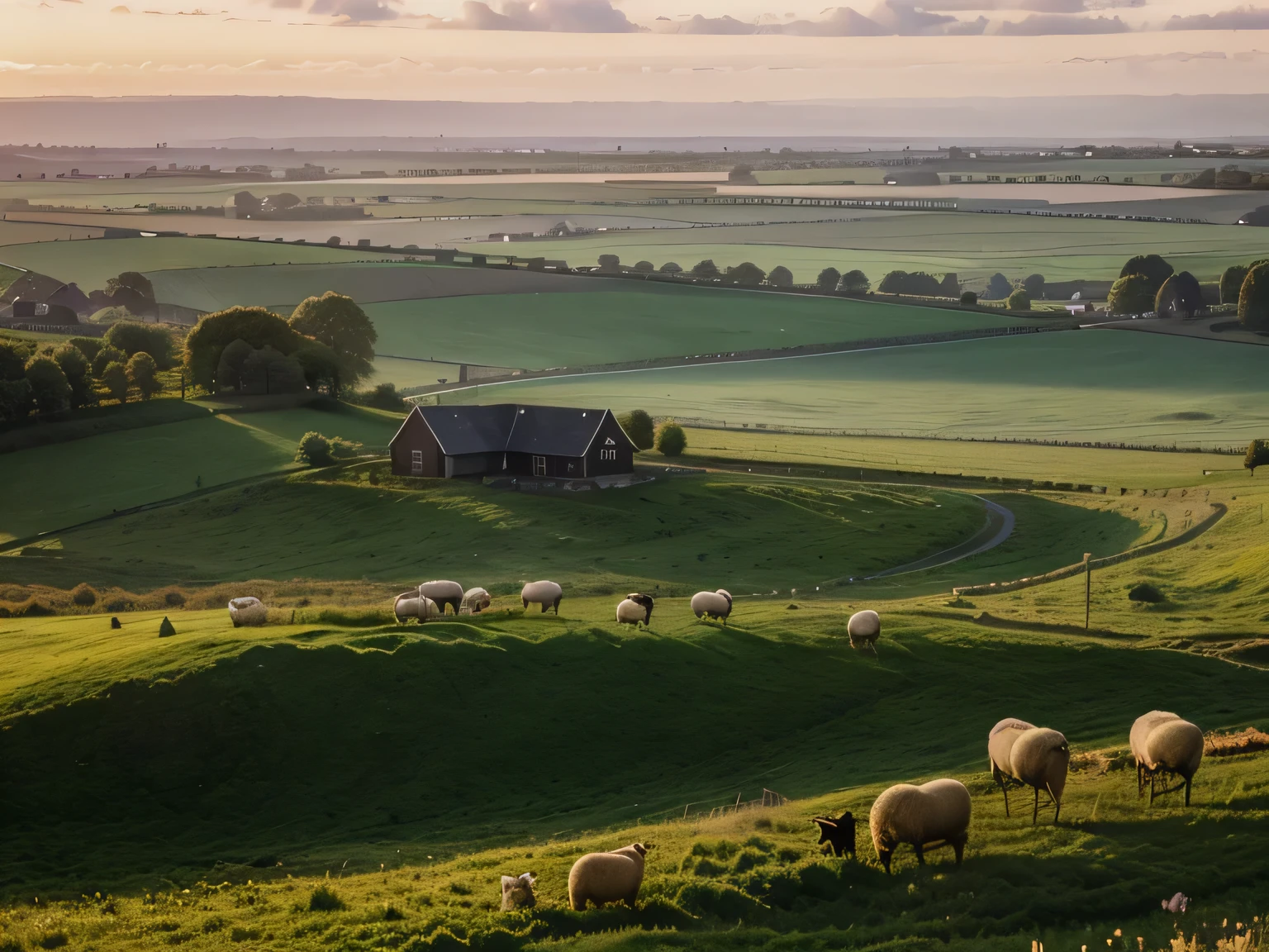 Dutch landscape, Sheep grazing, golden time in the morning, Idyllic, beautful view, shot at golden hour, late sunset, Summer environment