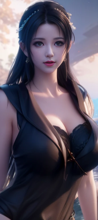 a close up of a woman in a,(((naked))),near a body of water, trending on cgstation, seductive tifa lockhart portrait, beautiful alluring anime woman, tifa lockhart, tifa lockhart with black hair, cleavage, 8k high quality detailed art, tifa lockheart, glamorous tifa lockheart, tifa, 8k artgerm bokeh,no bra, naked