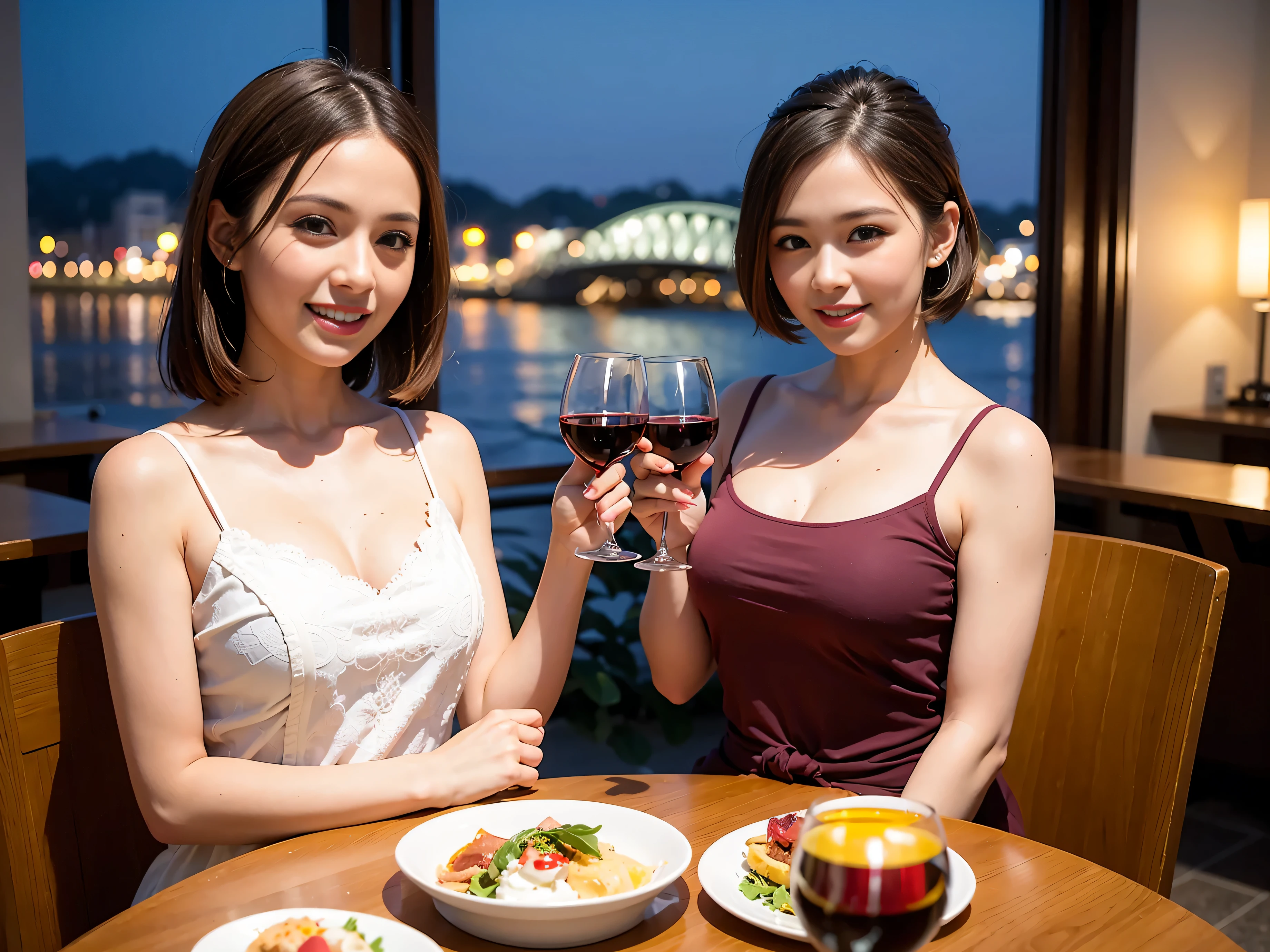 (64k uhd, nffsw, of the highest quality, masutepiece: 1.2), (Realistic, photoRealistic: 1.37), (Slim Face), (slimボティ), (Brown hair), (short-cut), cheeks blush a little, (44 years old), 38 years, Solo, A beautiful and detailed night view spreads out outside the window.., restaurant, wine glassesが座っている, At night, Novafrog style in a prominent place, actress, Model, waist-up, white wine, slim, wine glasses, Super Clean Night View, wine glasses Put in the Middle, Happy Smile, (Smile: 1.15), Beautiful fine eyes, Upper body, Bust Japan Up, Night, Short, Short, actress, Model, waist-up, white wine, slim, wine glasses, Super Clean Night View, wine glasses Put in the Middle, Happy Smile,