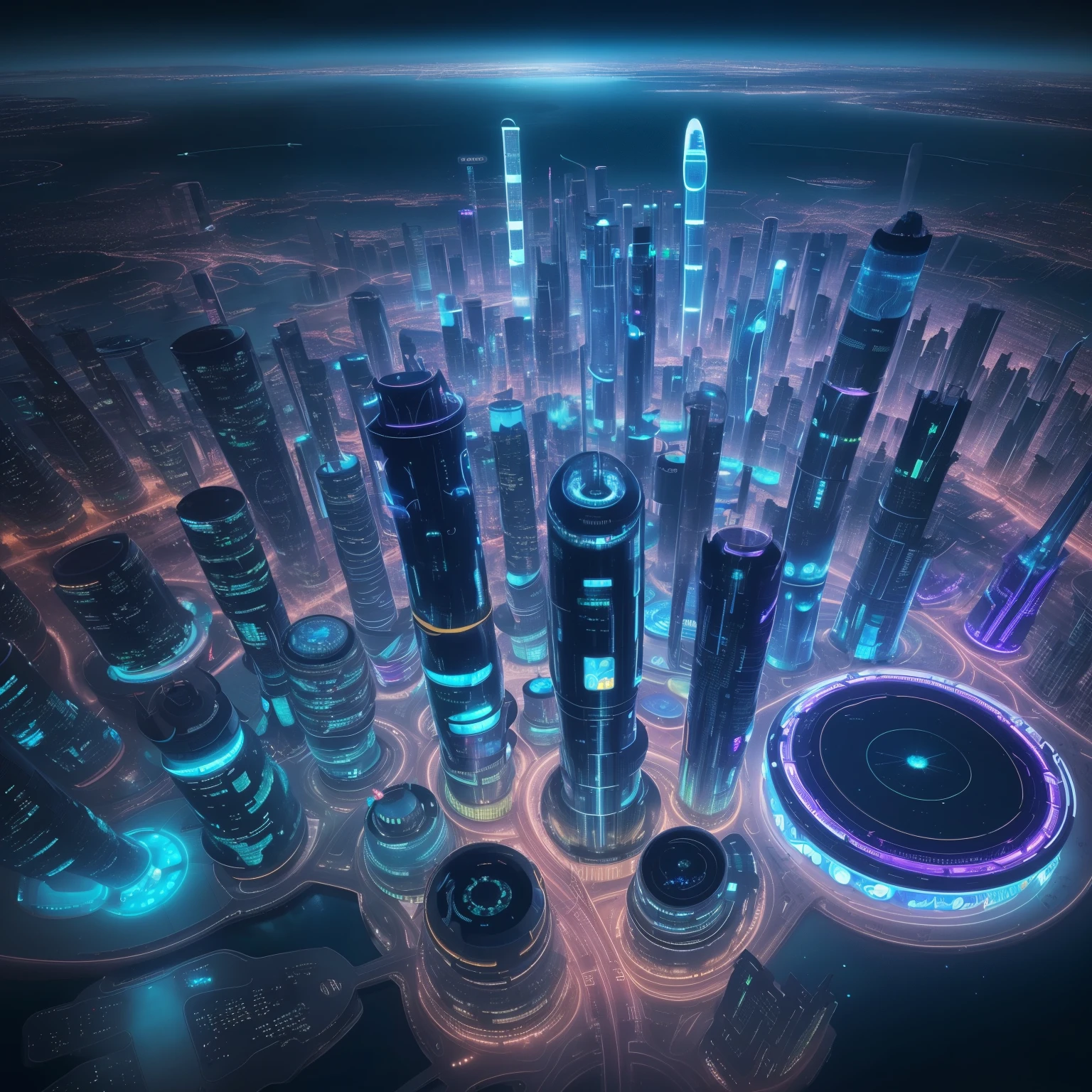 City night scene with circular structure in the middle, Spaceport of the future, photo of The city of the futurescape, Utopian cities of the future, in fantasy sci - fi city, futuristic alien city, The city of the futurescape, alien The city of the future, 美丽的The city of the future, otherwordly The city of the future, The city of the future scape, vista of The city of the future, The city of the future, spaceport city，A circular cyber city on the sea，A sense of future technology，center glowing，beautiful night，Neon light rendering