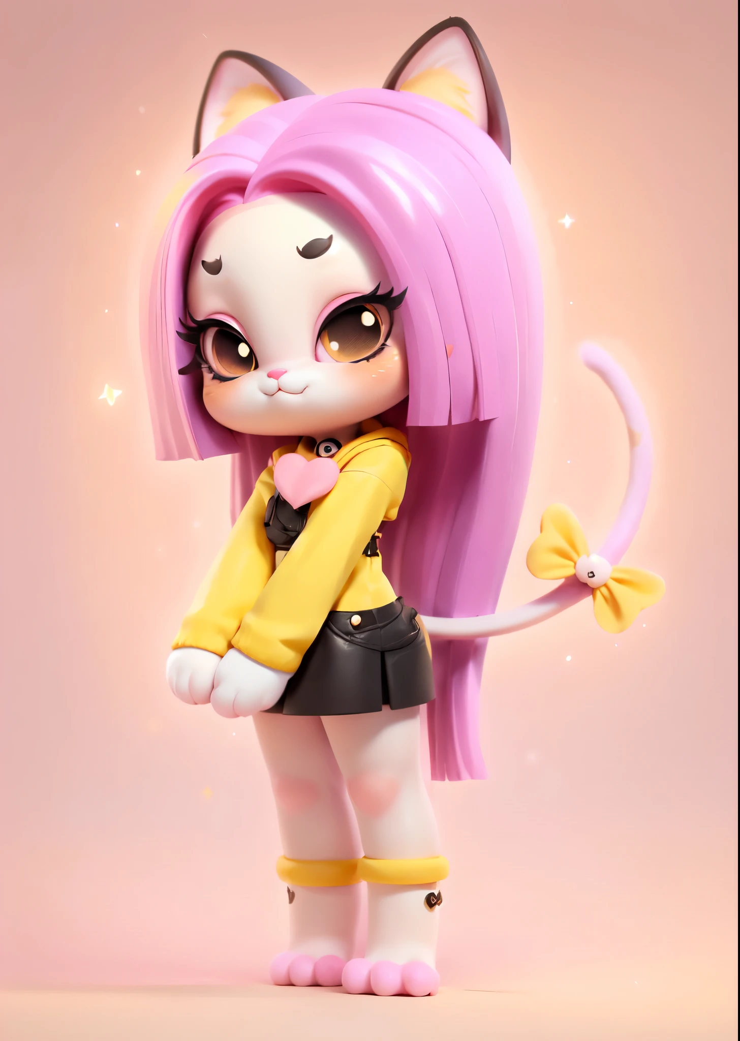 (1 girl, full body, furry hand, clean face)),((masterpiece:1,2, cat-like mouth, black eyes, pink hair,yellow pupil)), Anime character, female furry mini cute style, cute, chibi, perfect lighting, chibi,3d hair,Sense of space,deep dark background