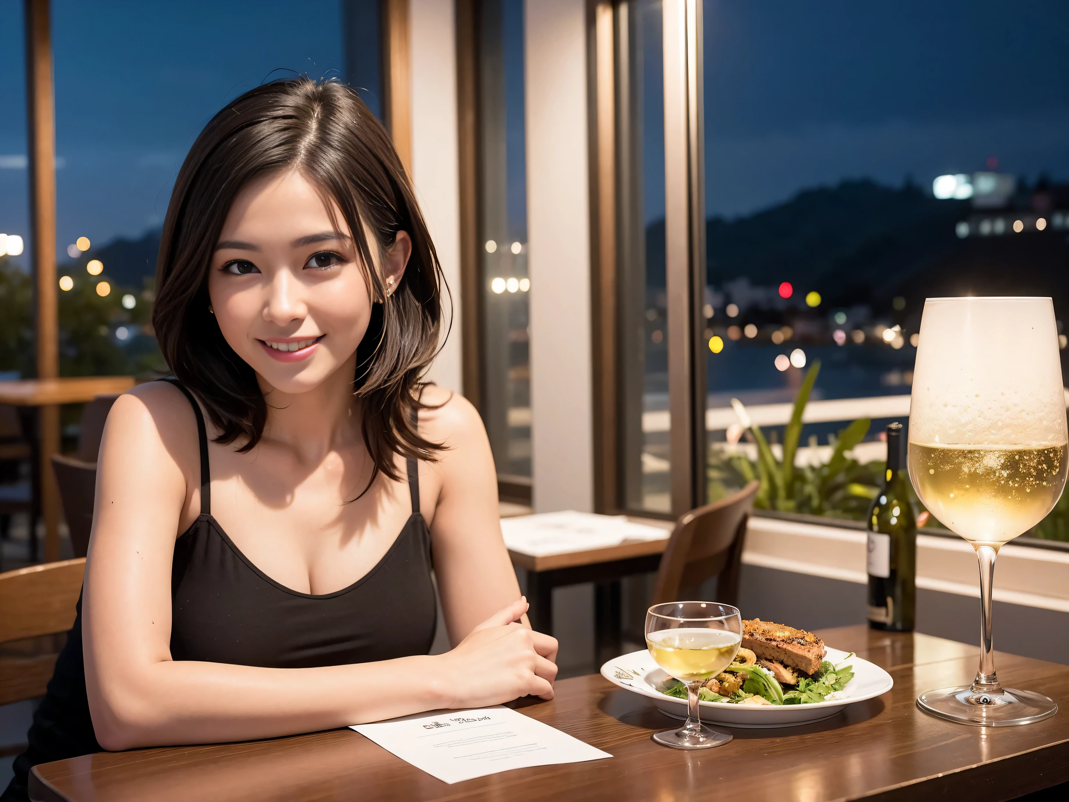 (64k uhd, nffsw, of the highest quality, masutepiece: 1.2), (Realistic, photoRealistic: 1.37), (Slim Face), (slimボティ), (Brown hair), (short-cut), cheeks blush a little, (44 years old), 38 years, Solo, A beautiful and detailed night view spreads out outside the window.., restaurant, wine glassesが座っている, At night, Novafrog style in a prominent place, actress, Model, waist-up, white wine, slim, wine glasses, Super Clean Night View, wine glasses Put in the Middle, Happy Smile, (Smile: 1.15), Beautiful fine eyes, Upper body, Bust Japan Up, Night, Short, Short, actress, Model, waist-up, white wine, slim, wine glasses, Super Clean Night View, wine glasses Put in the Middle, Happy Smile,