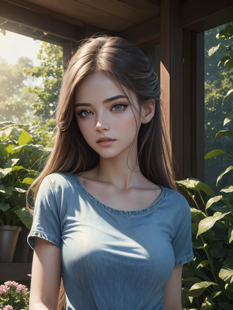 (best quality,4k,8k,highres,masterpiece:1.2),ultra-detailed,(realistic,photorealistic,photo-realistic:1.37),A girl in a garden,portraits,beautiful detailed eyes,beautiful detailed lips,extremely detailed eyes and face,longeyelashes,natural lighting,greenery,peaceful ambiance,flowing dress,flying hair,gentle sunlight,vivid colors,aesthetic composition,soft shadows,subtle breeze,serene expression,relaxed posture,harmonious background,dreamy atmosphere, dressed professionally, in her office, full view.blue shirt
