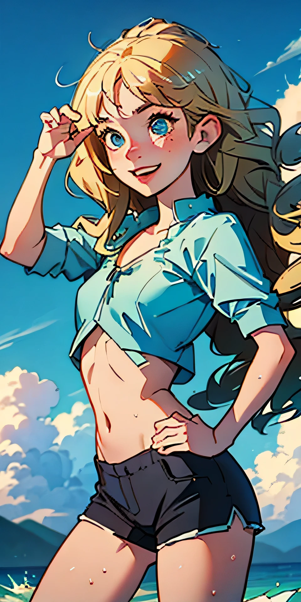 (best quality, masterpiece), 1girl, paw pose, smile, laughing, ocean, crop top, shortlonde), freckles, blush, wavy hair, cloud, splashing, waves, sun, mountain, wet, 1girl in, (masterpiece), (best quality), ultra-detailed, beautiful body, (inocent), beautiful nose, (beautiful breast), beautiful leglat chest), (8K), photography, high resolution, (playing), interracting with the environment. looking at the distance, from the side, (best quality, masterpiece), 1girl, paw pose, smile, laughing, ocean, ((shorts)), (blonde), freckles, blush, wavy hair, cloud, splashing, waves, sun, mountain, wet, 1girl in, (masterpiece), (best quality), ultra-detailed, beautiful body, (inocent), beautiful nose, (beautiful breast), beautiful leglat chest), ((8K)), photography, ((high resolution)), (playing), interracting with the environment. looking at the distance, (topless), (nipples)