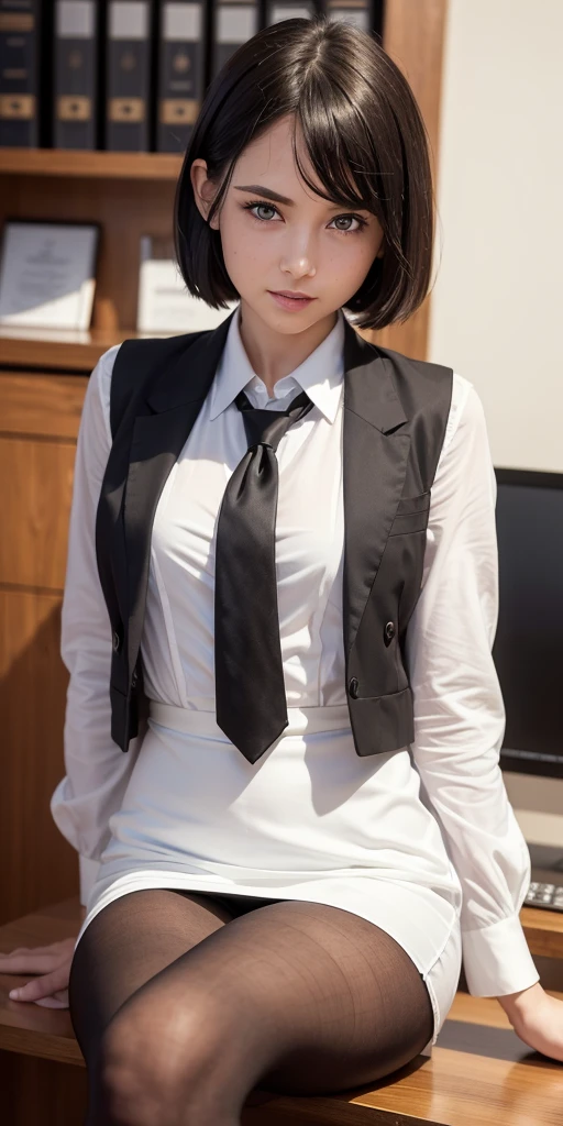 (RAW, best quality, masterpiece:1.5), (photo realistic, intricate details:1.2), ultra highres, absurdres,
1girl, beautiful face, blue eyes, green eyes, detalied eyes, symmetric eyes, light on face, nose blush, short hair, black hair tie, 
clk, vest, suit, pencil miniskirt, unbuttoned white shirt, loose silk scarf, black pantyhose, [:20d, :0.8],
smile, small dimples, sexually suggestive, 
medium breasts, slim waist, slim legs, long legs,
sitting on chair in front of desk, perfect body, good proportions,
looking at viewer, 
(office, indoor, hyper detailed background:1.2), japan, copy machine, file cabinet, computer, monitor,
shiny skin, real skin texture, 
natural lighting, best lighting, detailed background, detailed shadow, sharp focus, depth of field f/2,
saturated, high contrast, strong light and shadow