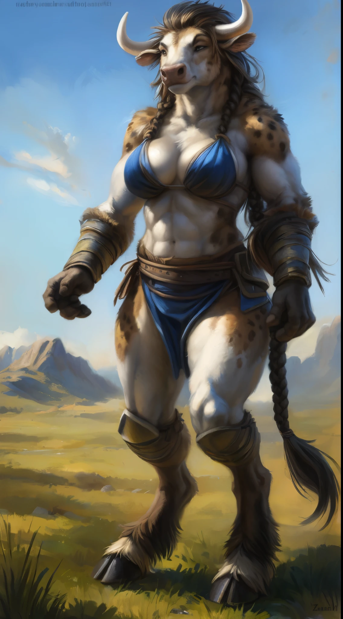 Cow girl, big chest, day, sexy, sensual, detailed, uploaded to e621, beautiful and detailed portrait of an powerful anthropomorphic cow ((female))) kenket, ross tran, ruan jia, uploaded to e621, zaush, foxovh, fur, White fur, Brown spots on the body, movie lighting, standing, open legs, long hair, Half down hair with side braids, lagertha hair, viking hair, muscular female, muscular, large body, large breats, epic realism, White skin, Large neckline, Full body, Minotaur female, Hooves on feet, datailed face, Detailed eyes, beautiful eyes, three fingers, day, Light against the face, ambient light, Open field, plain, Armor, bikini armor