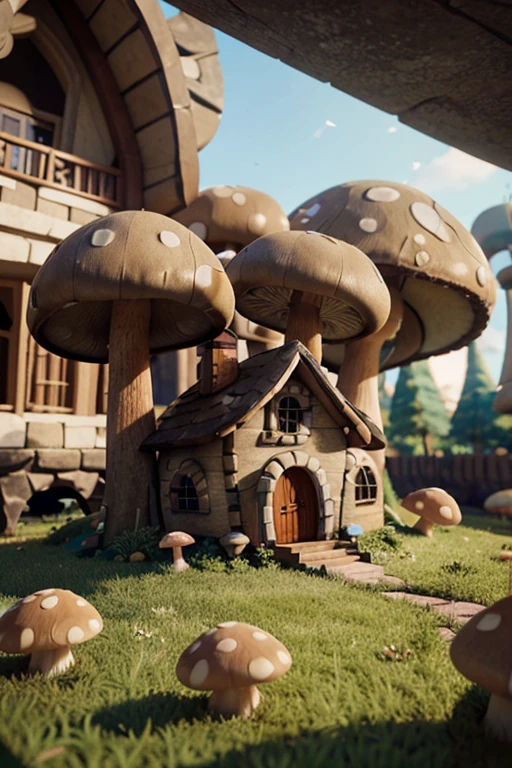 Game architectural design, Cartoony,mushroom house,Mushrooms match the architecture,casual game style, Mushroom-shaped building, 。.。.。.。.。.3D, blender,closeup cleavage,tmasterpiece,super detailing,best qualtiy