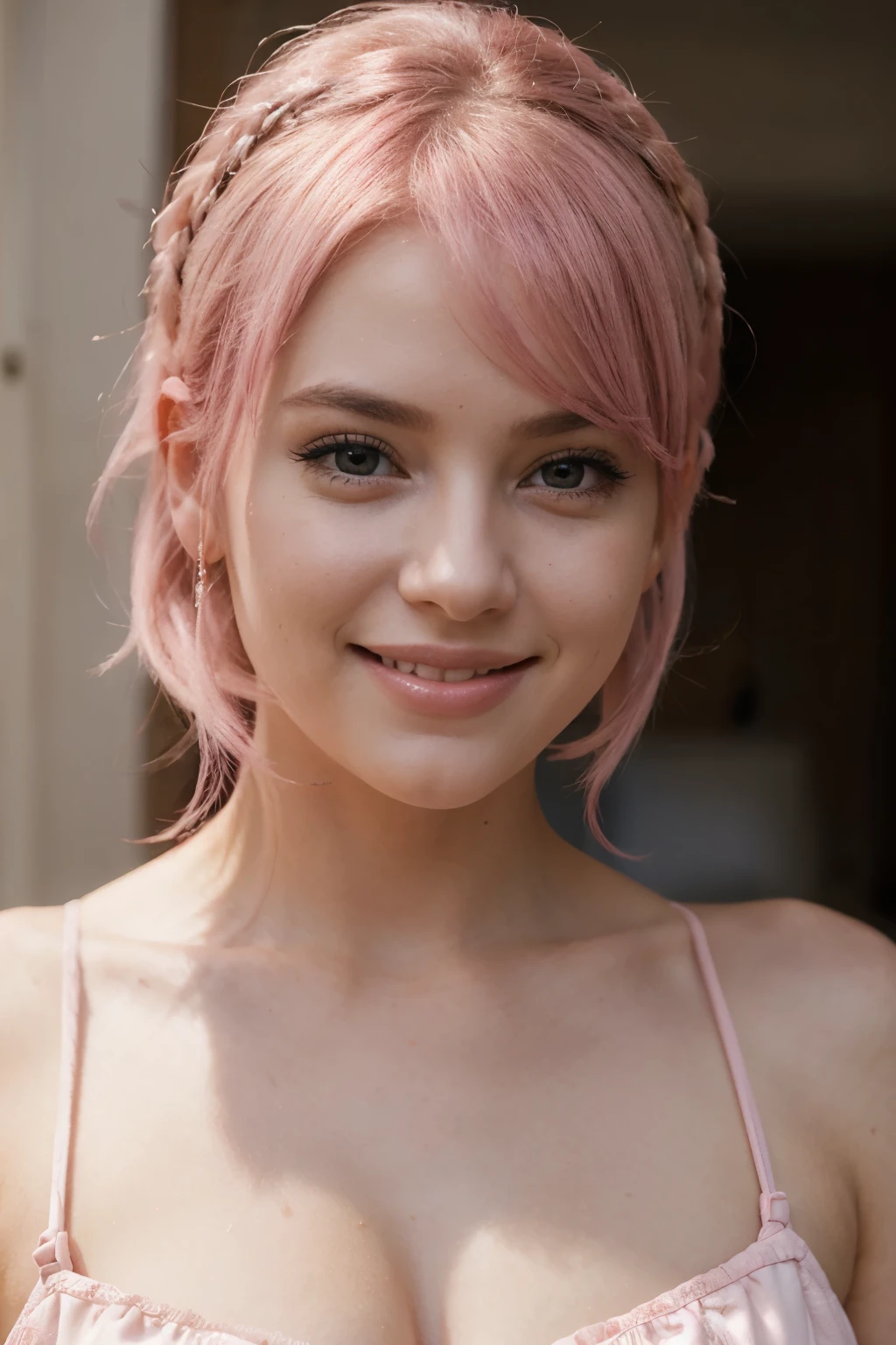 a beautiful lady, smiling, babypink hair, ultrarealistic, detailed