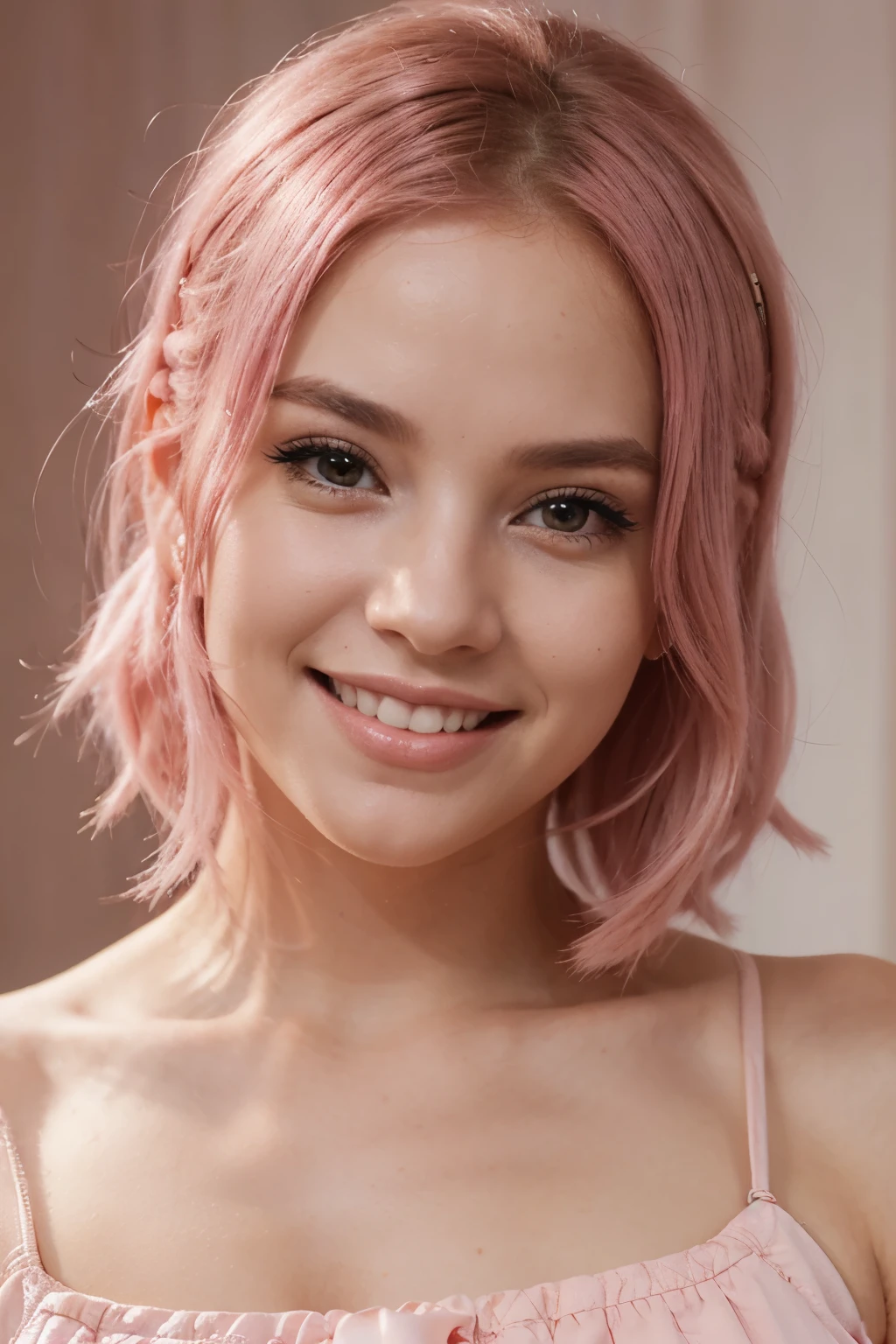 photo of young woman, (Olinka Matros), (Pink) short wavy hair, Tight portrait, smile on lips, rim lighting, ultra quality, sharp focus, dof, Fujifilm XT3, Nikon d350, digital photograph, photorealistic