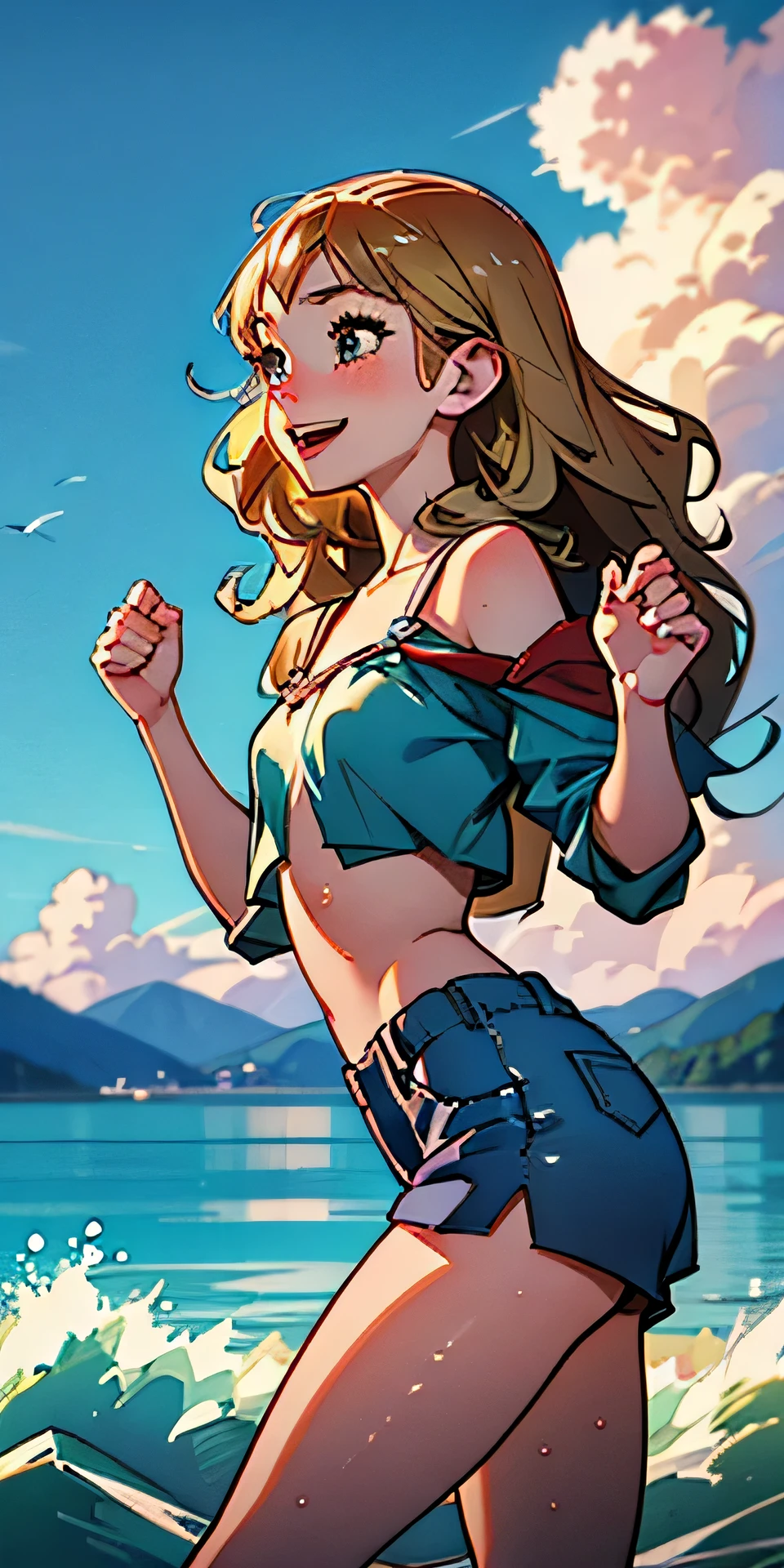 (best quality, masterpiece), 1girl, paw pose, smile, laughing, ocean, crop top, shorts, (blonde), freckles, blush, wavy hair, cloud, splashing, waves, sun, mountain, wet, 1girl in, (masterpiece), (best quality), ultra-detailed, beautiful body, (inocent), beautiful nose, (beautiful breast), beautiful legs, (flat chest), (8K), photography, high resolution, (playing), interracting with the environment. looking at the distance, from the side