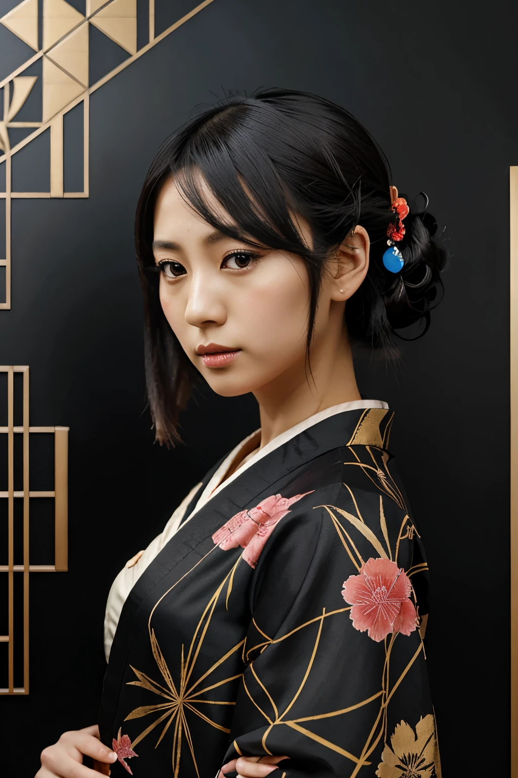 (Black Bird), japanese woman, kimono, wall PORTRAIT geometric multidimensional, art, chibi, beautiful, colorful, masterpieces, top quality, best quality, official art, beautiful and aesthetic,