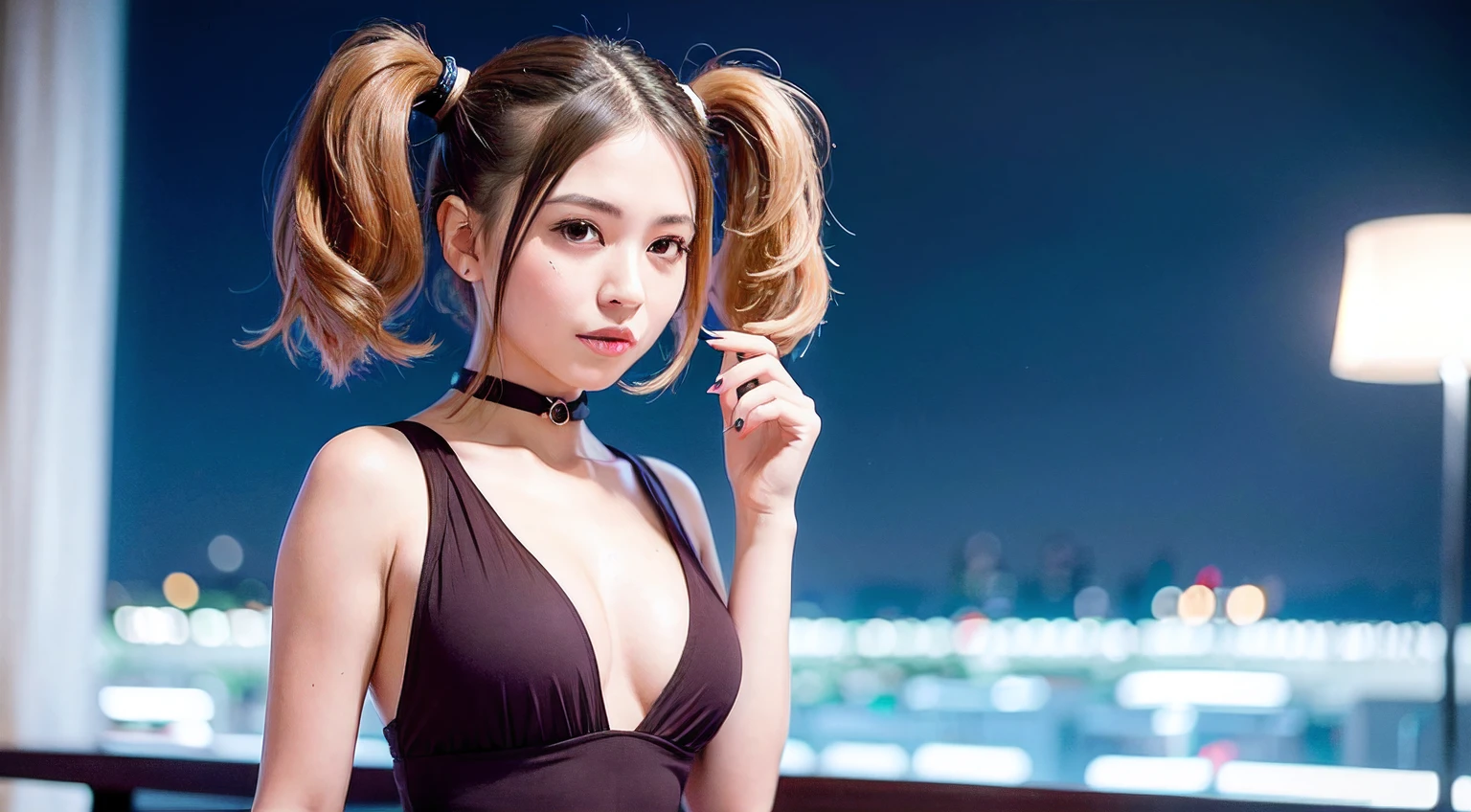 woman posing for a photo, (wearing deep_v-neck_dress, pigtail_hairstyle:1.3),
good hand,4k, high-res, masterpiece, best quality, head:1.3,((Hasselblad photography)), finely detailed skin, sharp focus, (cinematic lighting), night, soft lighting, dynamic angle, [:(detailed face:1.2):0.2],(((5 stars hotel))),