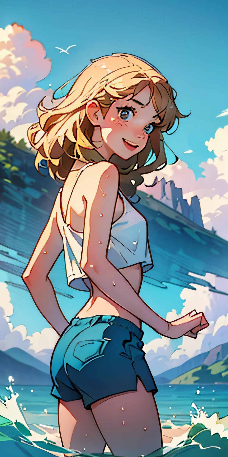 (best quality, masterpiece), 1girl, paw pose, smile, laughing, ocean, crop top, shorts, (blonde), freckles, blush, wavy hair, cloud, splashing, waves, sun, mountain, wet, 1girl in, (masterpiece), (best quality), ultra-detailed, beautiful body, (inocent), beautiful nose, (beautiful breast), beautiful legs, (flat chest), (8K), photography, high resolution, (playing), interracting with the environment. looking at the distance, from the side, far away, from behind,