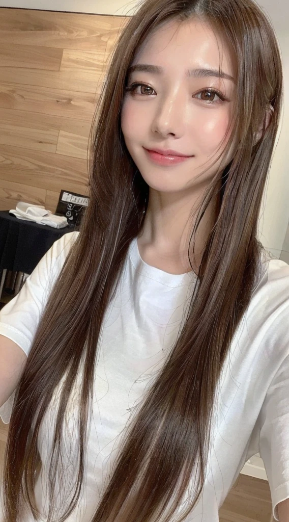((top-quality、8k、masterpiece:1.3))、1girl in、Beautiful woman with shiny hair:1.3、(The long-haired、:1.2)、tshirts:1.2、The upper part of the body、Hair oil、Product review、Super delicate face、Delicat eyes、二重まぶた、a smile、home